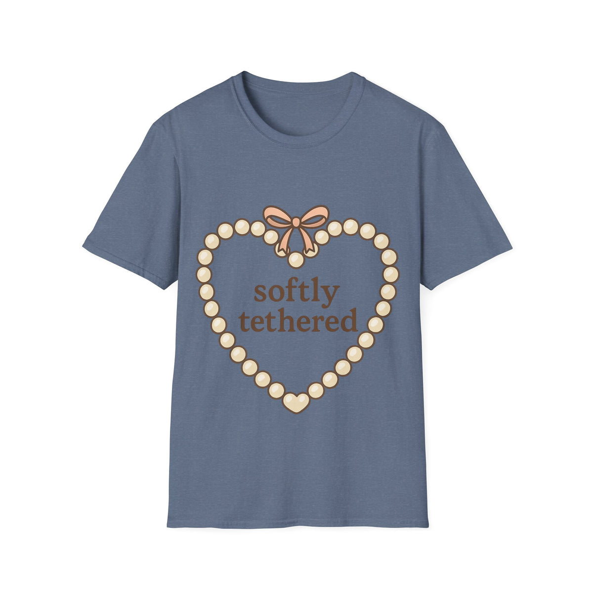 "Softly Tethered" Pearl Heart Ribbon Tee - Cute Coquette Bow Aesthetic White T-Shirt - Trending Now - September 2026
