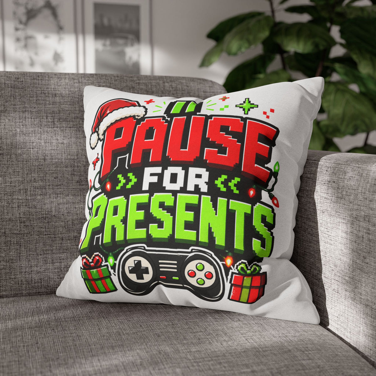 Pause for Presents Gaming Christmas Pillowcase Modern Day Christmas