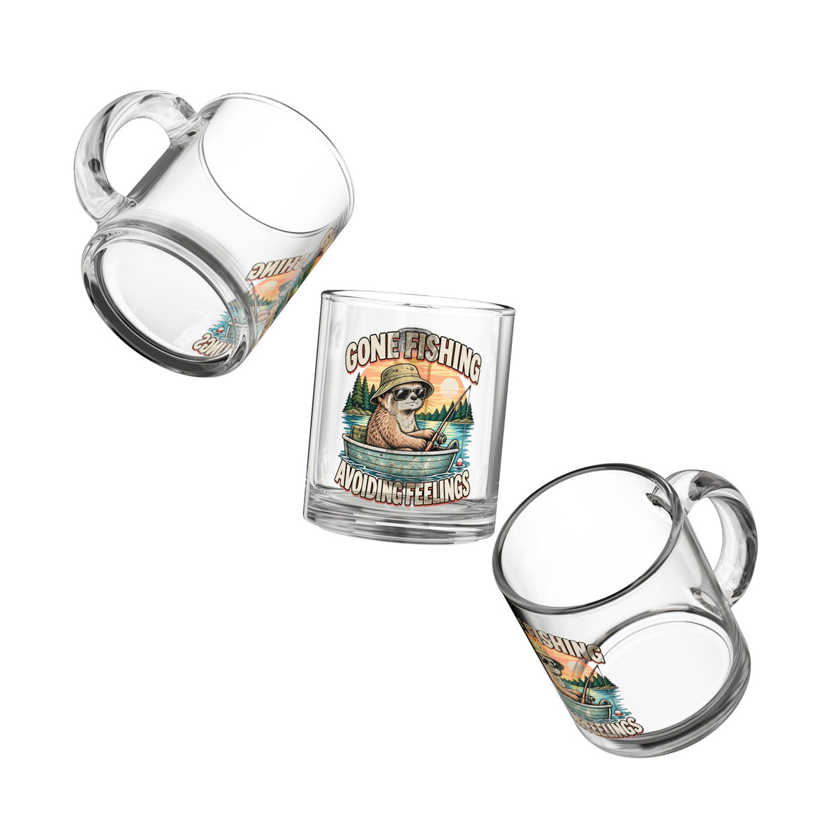 Gone Fishing Avoiding Feelings Glass Mug — Funny Glass Mug 10oz Funny Sloth Fishing Coffee Cup