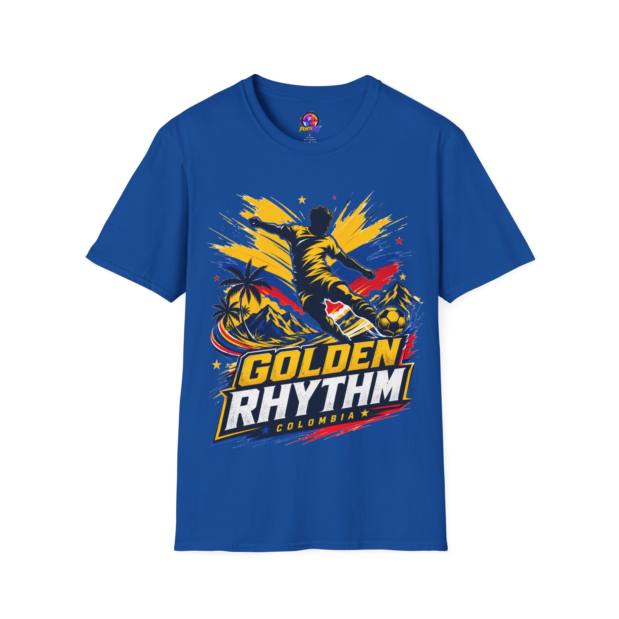 Columbia Soccer Player Graphic T-Shirt — "Golden Rhythm" Vibrant Beach Soccer Tee