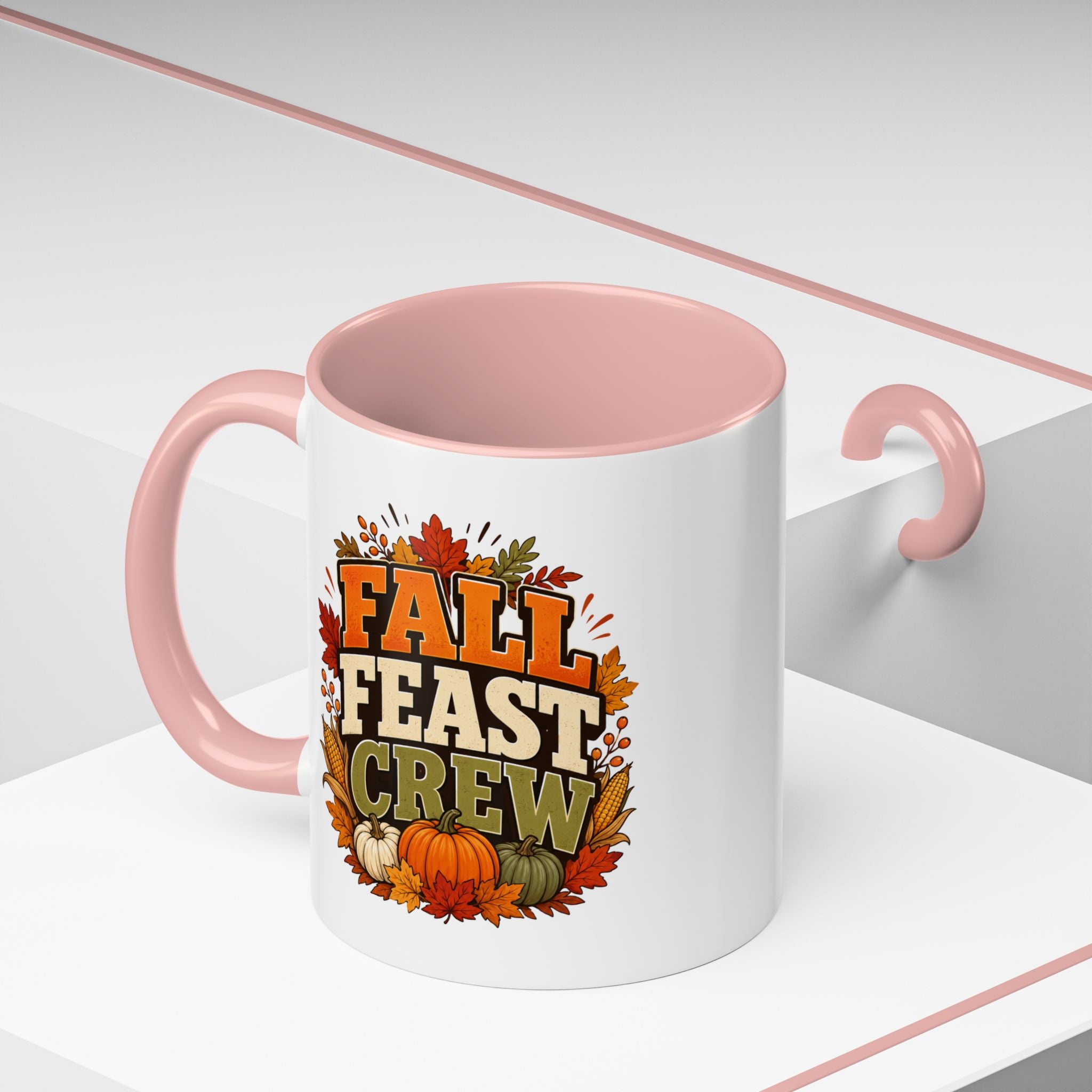 Thanksgiving Mug Fall Feast Crew Coffee Mug — Thanksgiving Pumpkin Autumn Leaves Accent Mug