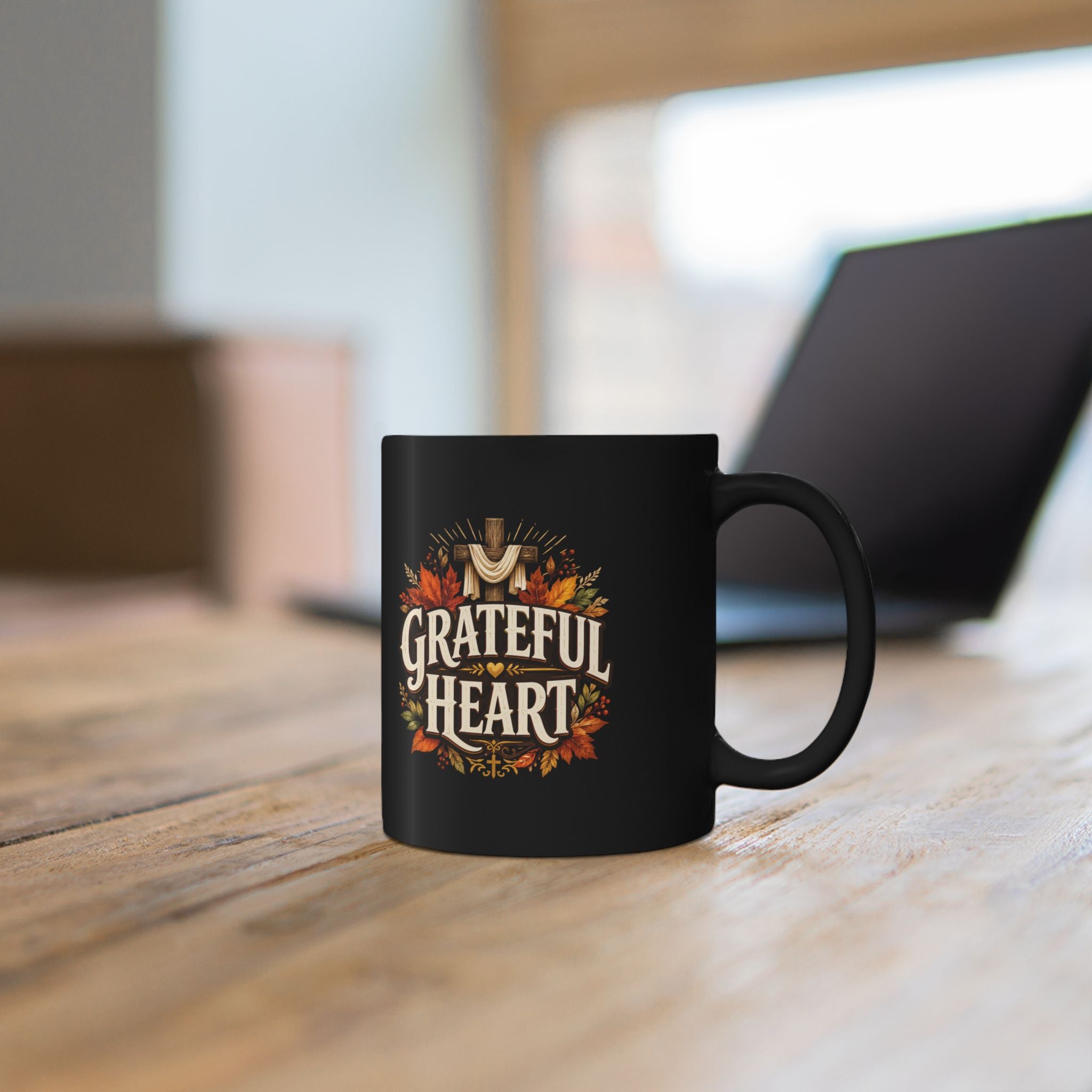 Thanksgiving Black Mug Grateful Heart Black Mug – Thanksgiving Autumn Leaves Coffee Cup