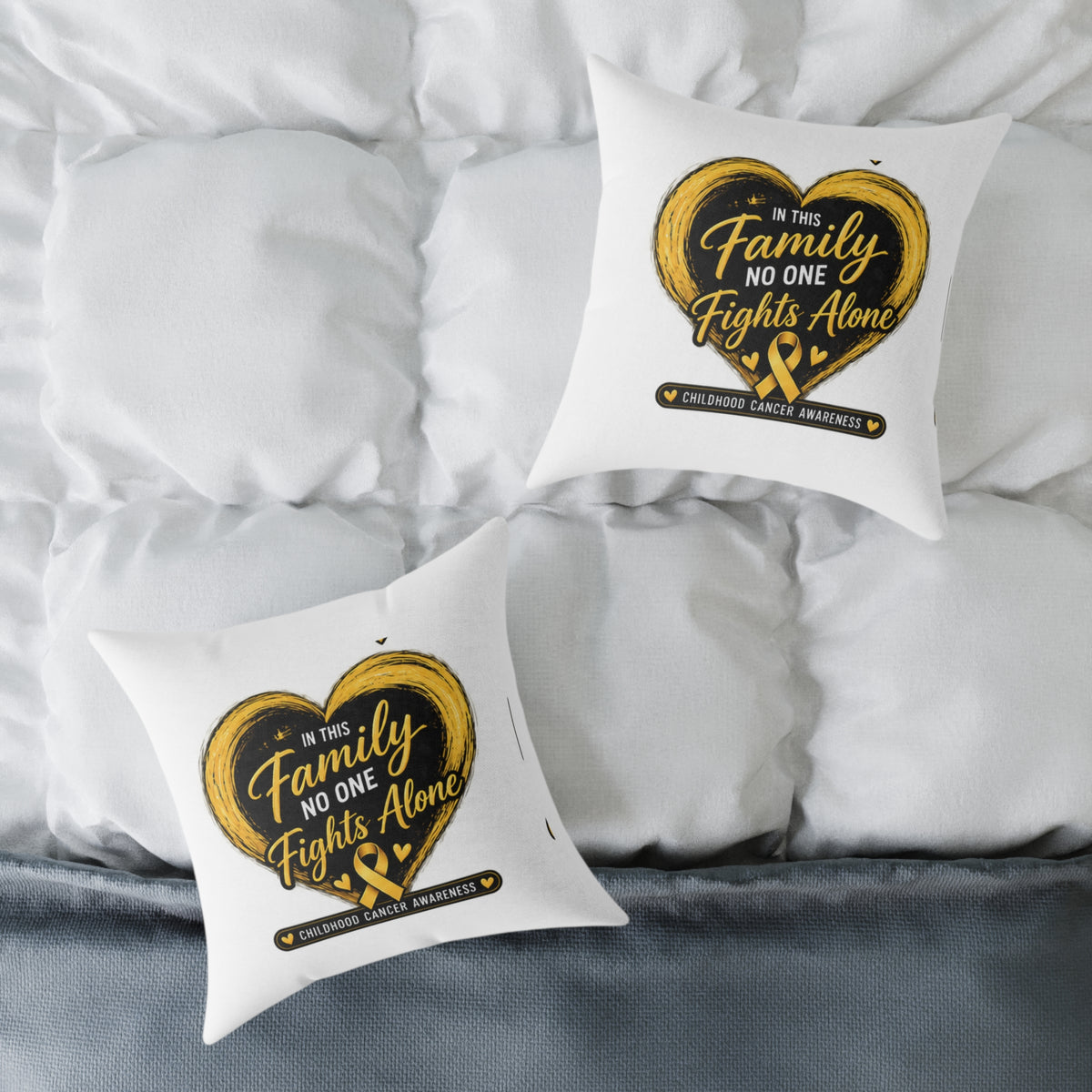 Childhood Cancer Awareness Pillow — "In This Family No One Fights Alone" Square Throw Pillow