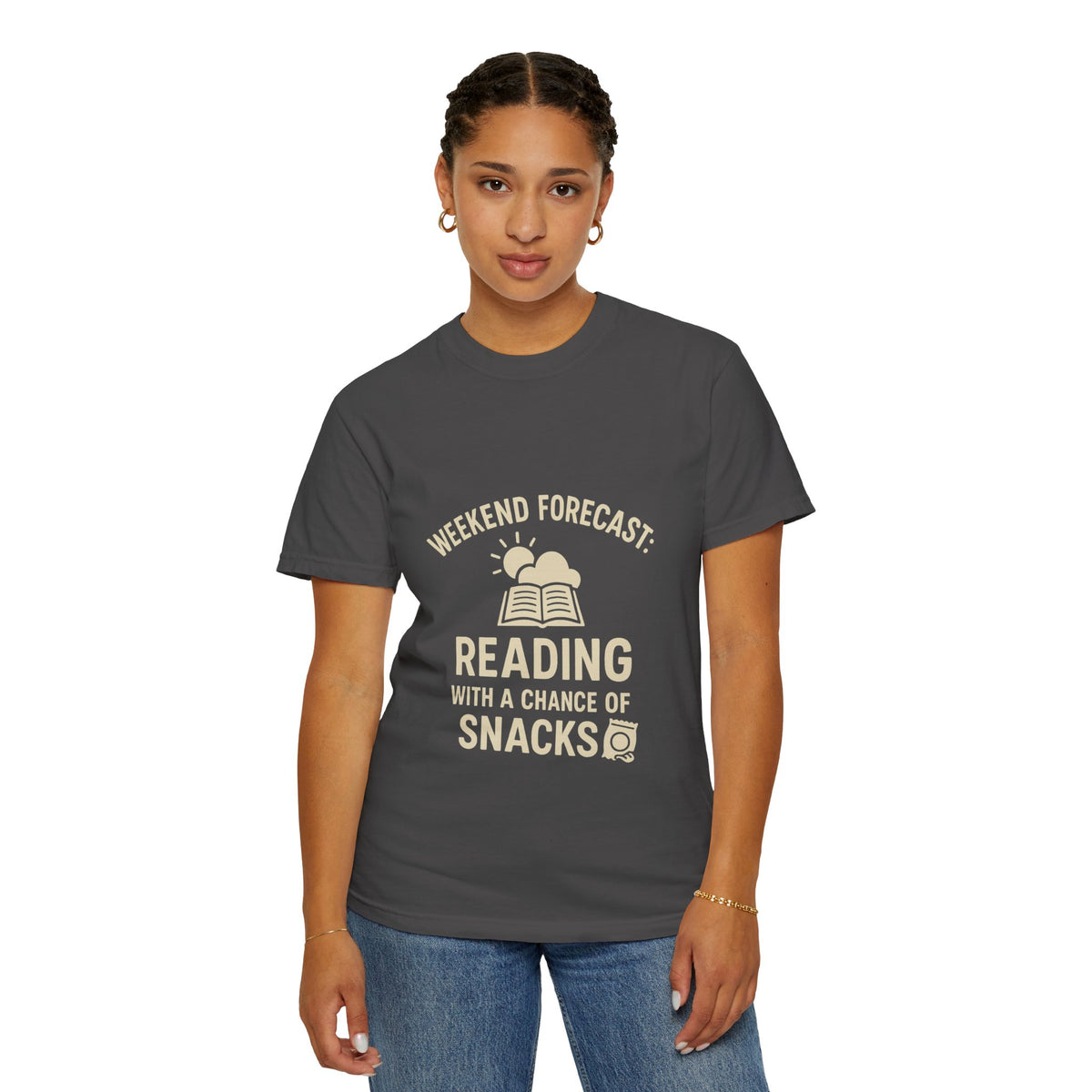 Reading & Snacks T-Shirt — "Weekend Forecast: Reading with a Chance of Snacks" - Trending Now - October 2026