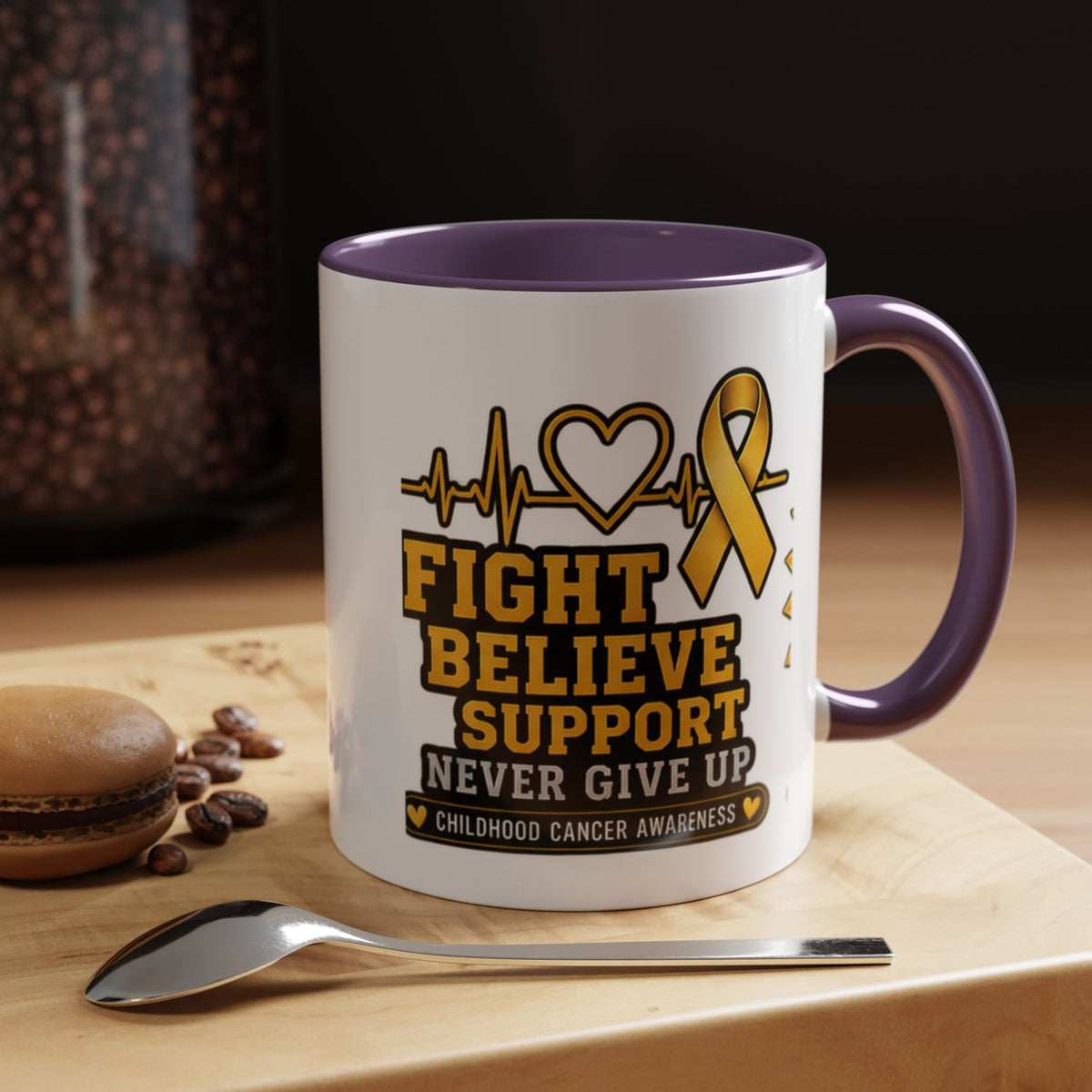 Childhood Cancer Awareness Accent Coffee Mug — "Fight Believe Support" 11/15oz