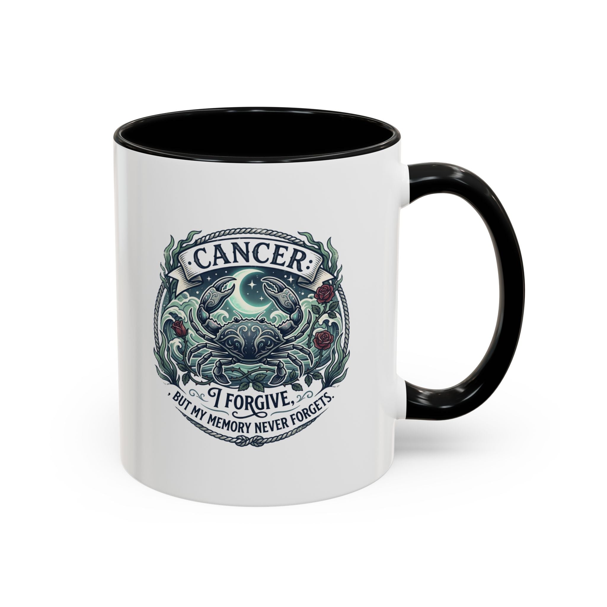 Cancer Zodiac Accent Coffee Mug — 'I Forgive But My Memory Never Forgets' Horoscope Gift