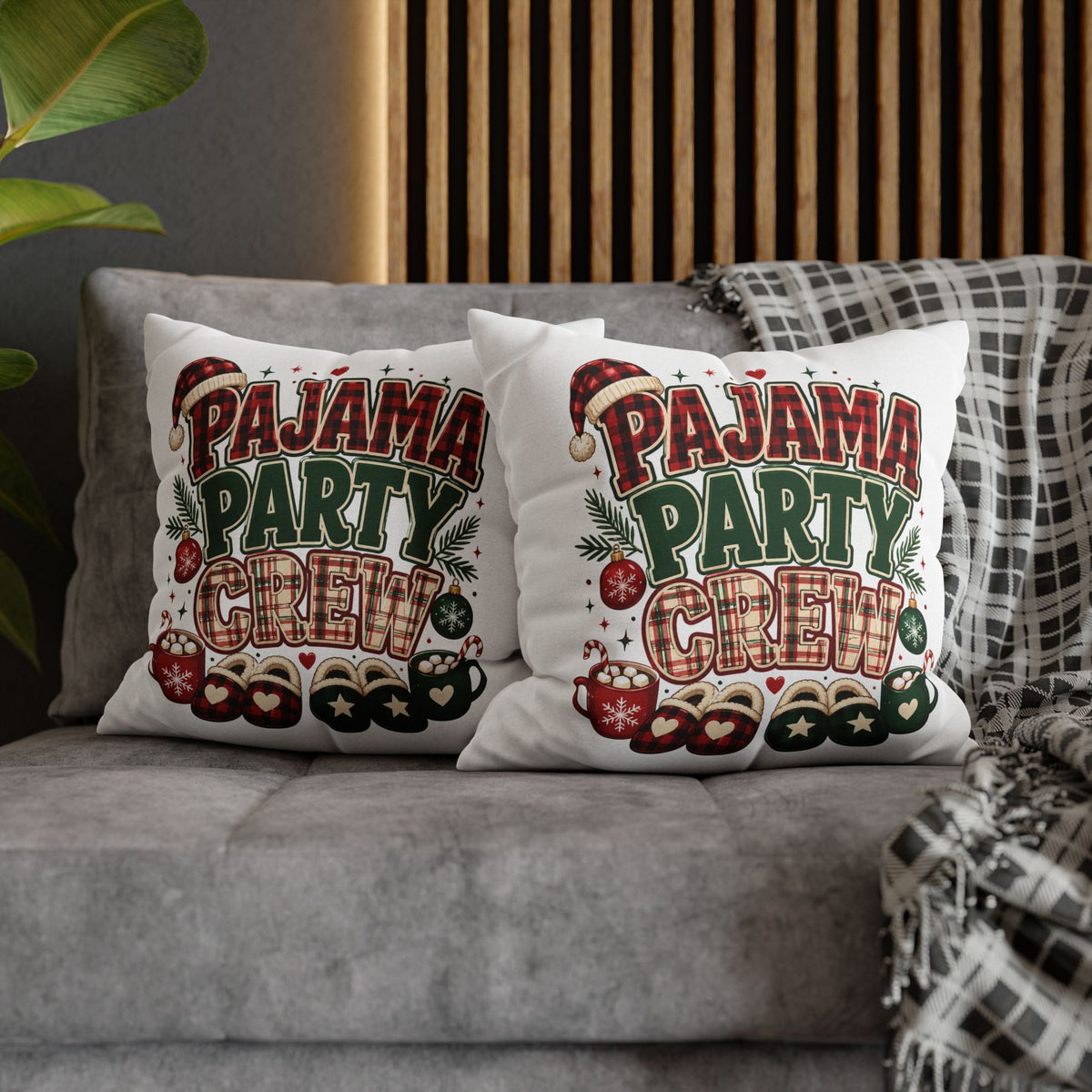 Christmas Pajama Party Crew Pillowcase — Christmas Holiday Decorative Throw Pillow Cover