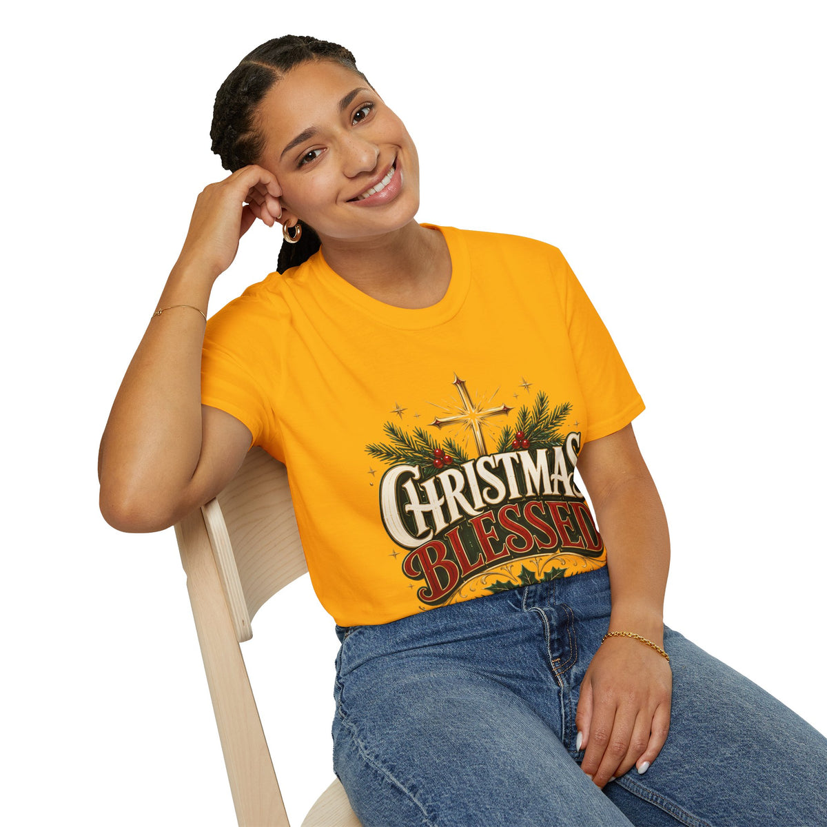 Christmas Blessed T-Shirt — Faith-Based Holiday Tee with Cross & Pine Design