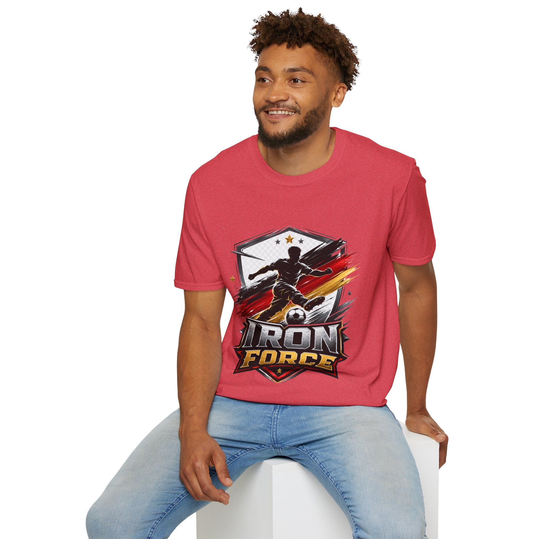 Germany Soccer 'Iron Force' Graphic T-Shirt — Player Silhouette with Red & Gold Brushstroke Emblem