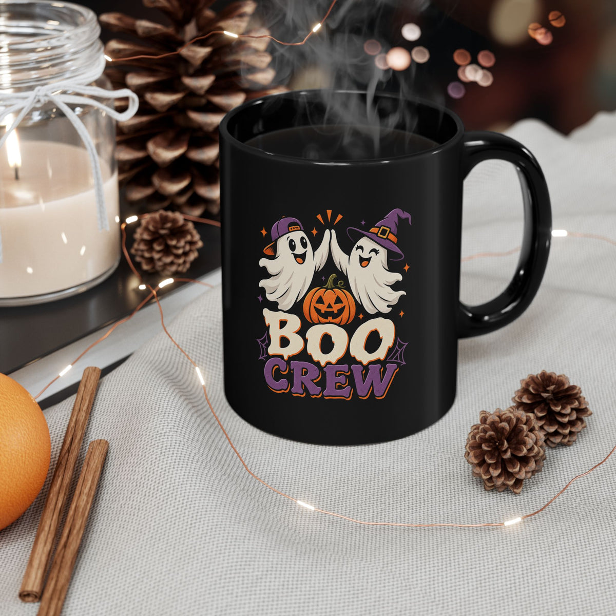 Halloween Boo Crew Mug — Black Ceramic Coffee Cup (11oz, 15oz)