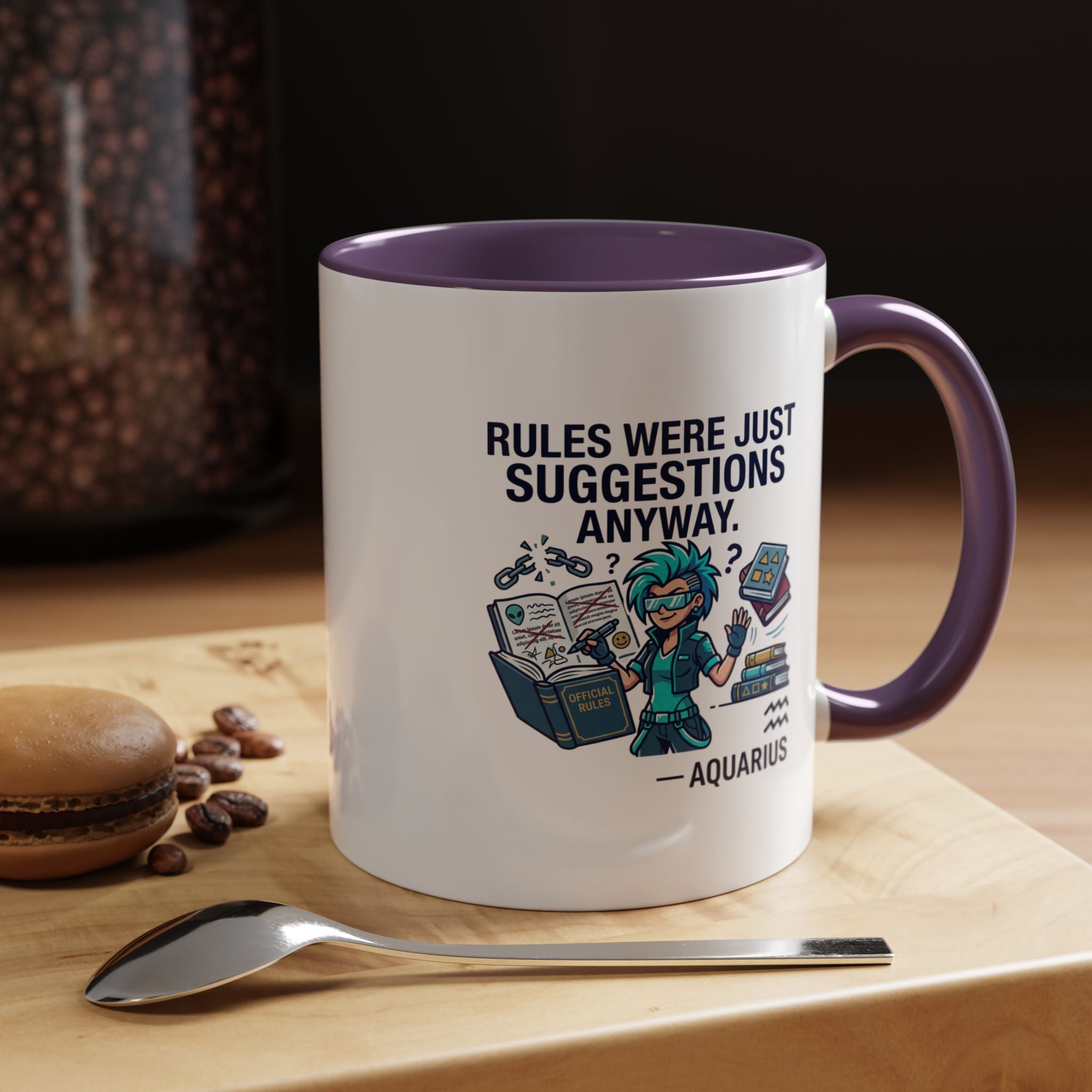 Aquarius Coffee Mug — "Rules Were Just Suggestions Anyway" Funny Zodiac Accent Mug 11oz