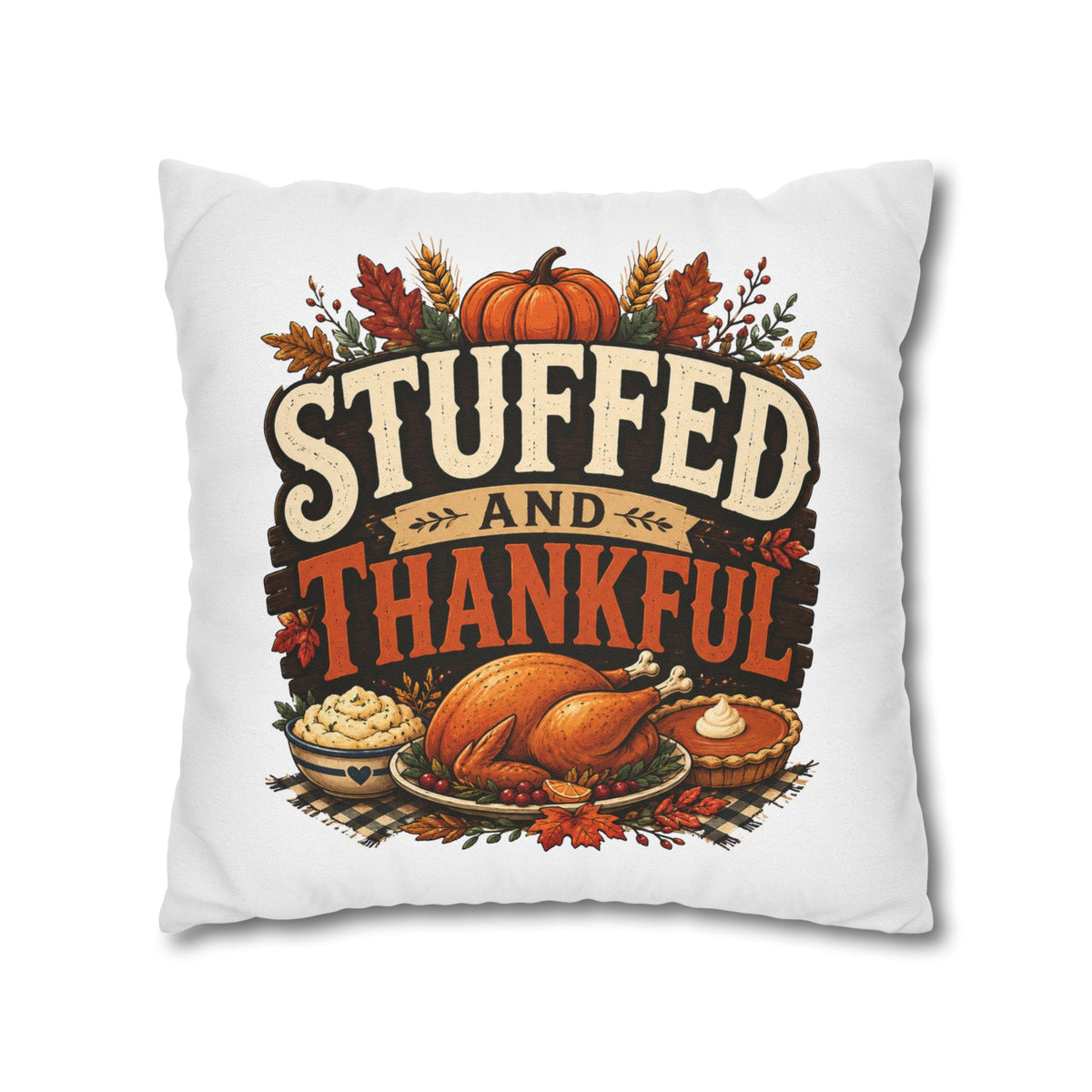 Thanksgiving Decorative Pillowcase – “Stuffed and Thankful” Autumn Throw Pillowcase