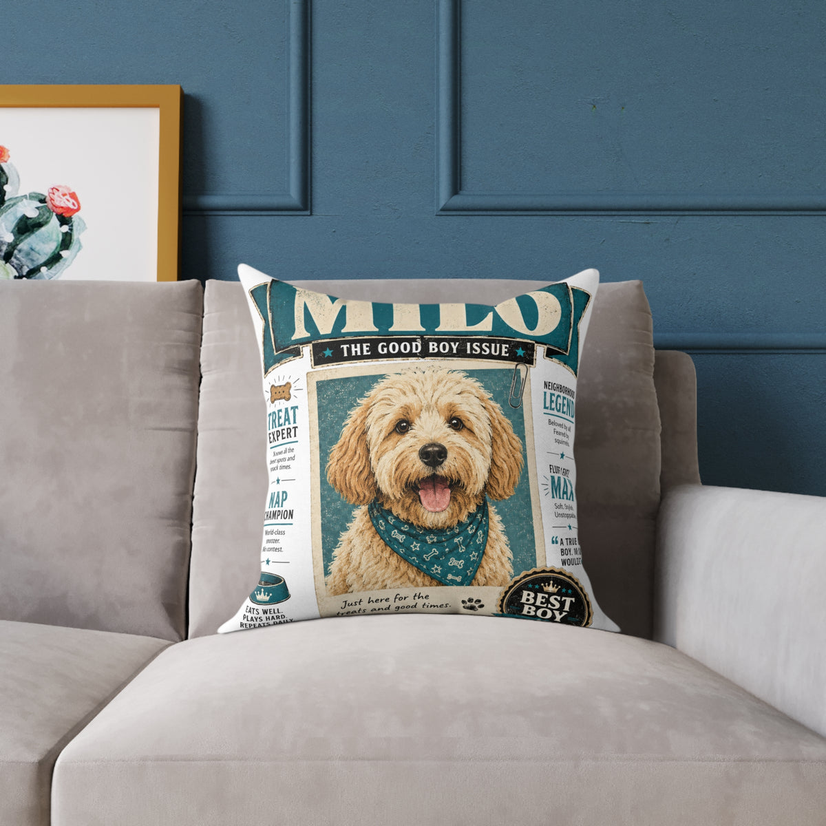 Personalized Dog Magazine Cover Pillow  Milo Bailey Dog Dad Mom — 'MILO' Square Poly Canvas Throw Pillow