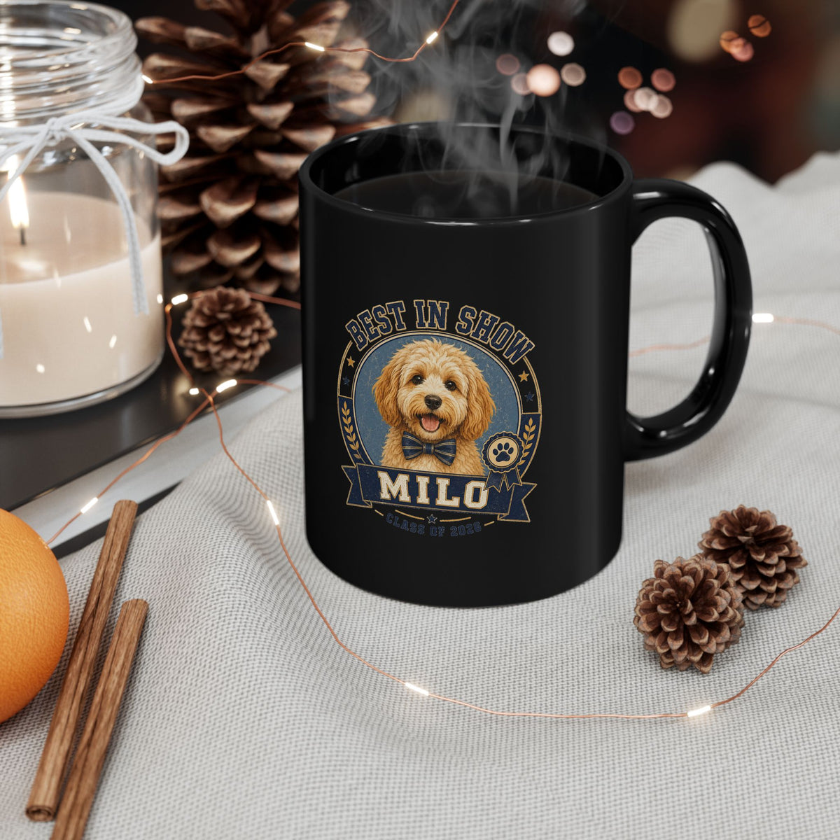 Milo Bailey Dog Dad Mom Best in Show Milo Black Coffee Mug – Personalized Dog Portrait