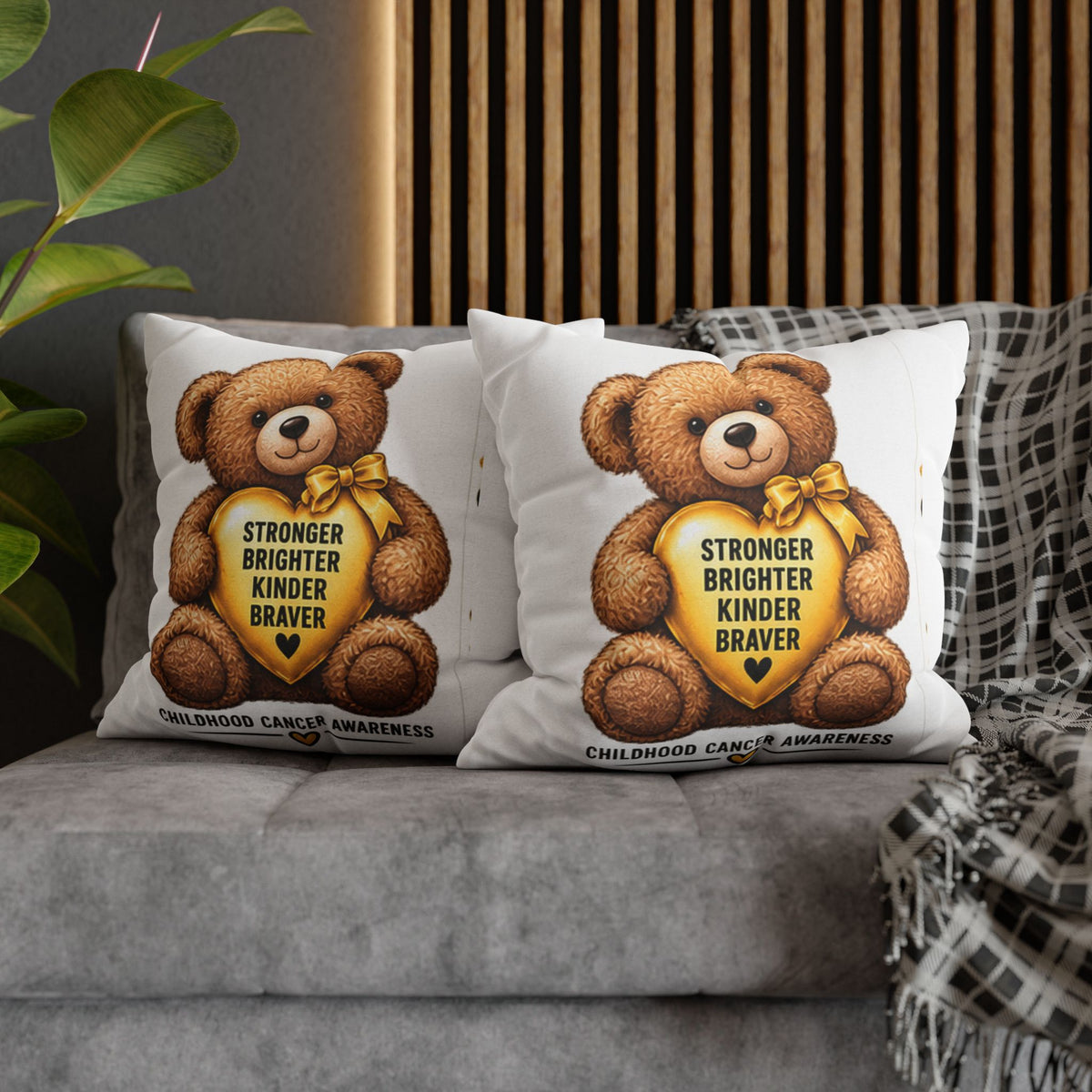 Childhood Cancer Awareness Bear Square Pillowcase – Stronger Brighter Kinder Braver