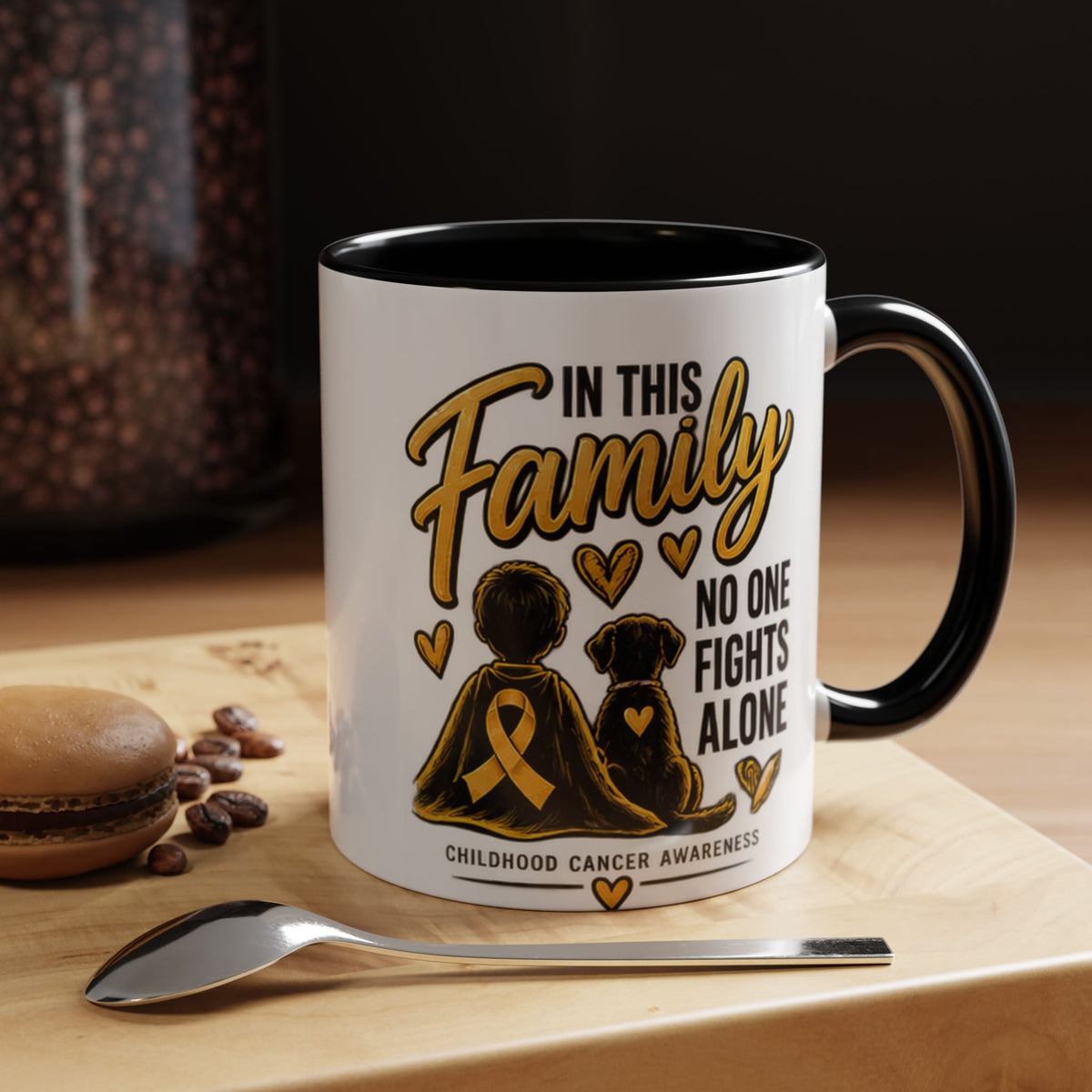 Childhood Cancer Awareness Accent Coffee Mug – "In This Family No One Fights Alone" (11/15oz)