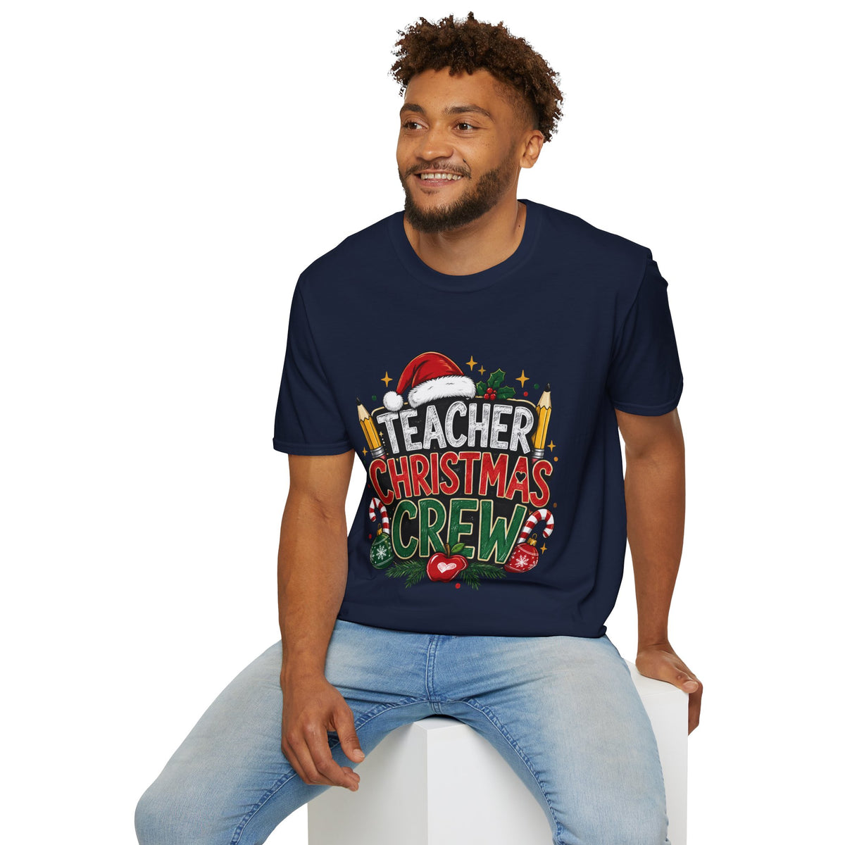 Teacher Christmas Crew T-Shirt — Holiday School Staff Tee with Santa Hat & Pencils