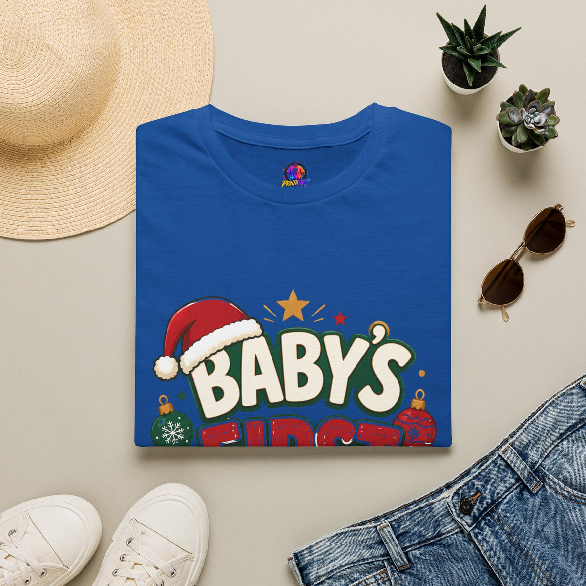 Baby's First Christmas T-Shirt — Festive Santa Hat & Ornaments Holiday Tee