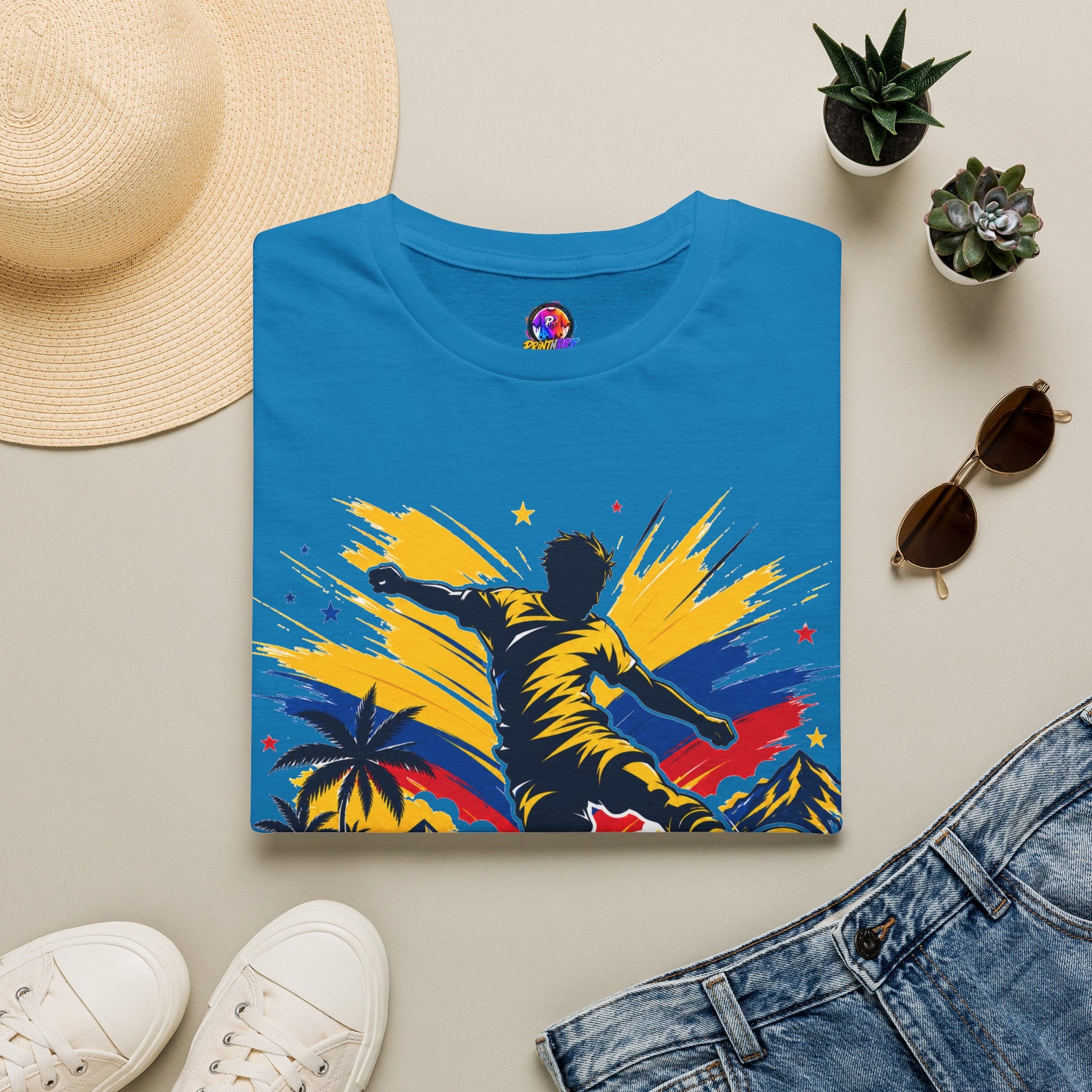 Columbia Soccer Player Graphic T-Shirt — "Golden Rhythm" Vibrant Beach Soccer Tee
