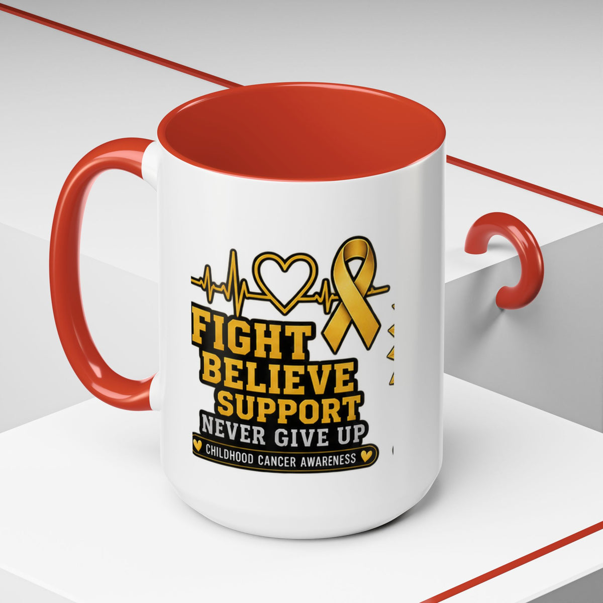 Childhood Cancer Awareness Accent Coffee Mug — "Fight Believe Support" 11/15oz