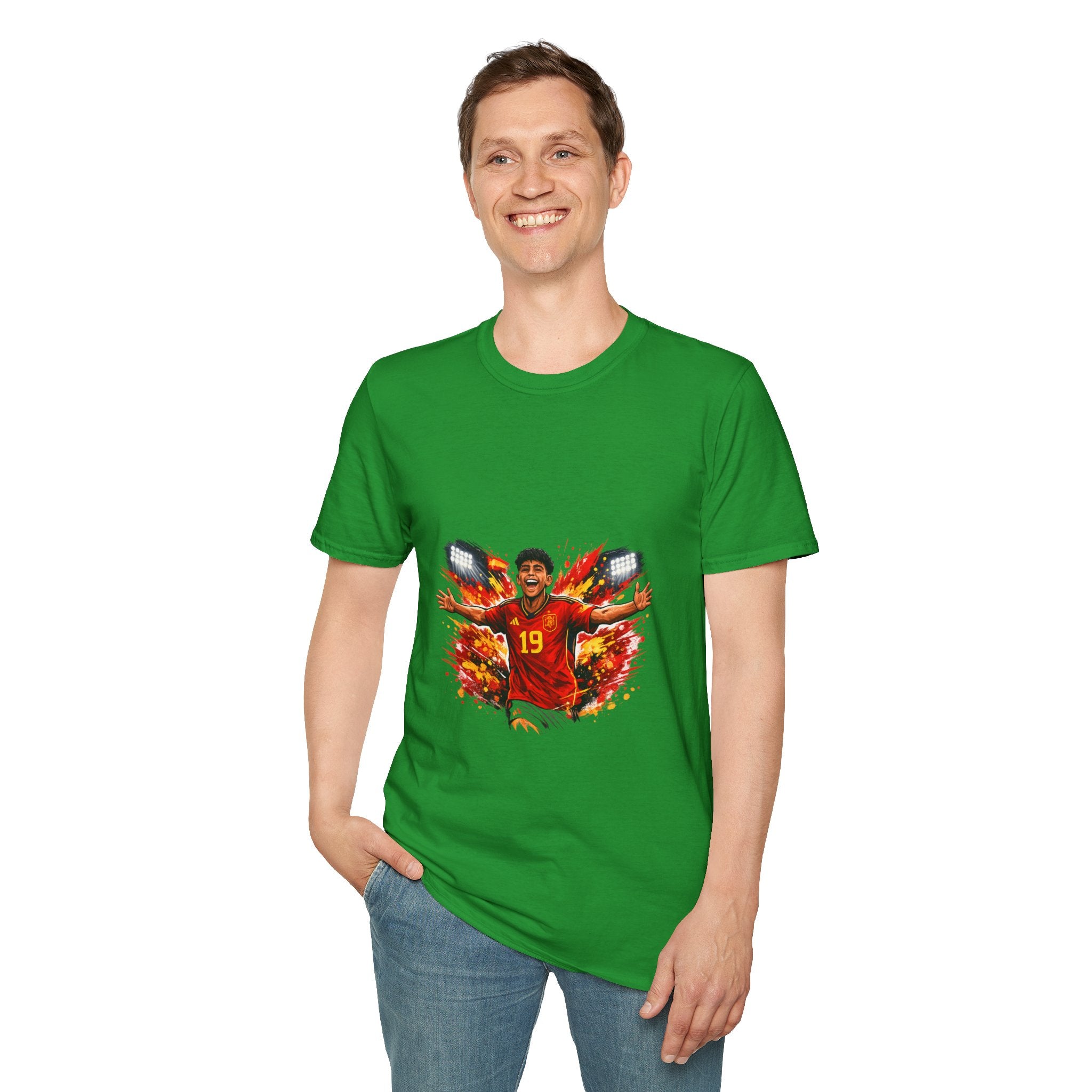 Spain Soccer Fan Portrait T‑Shirt – Fiery Goal Celebration Design