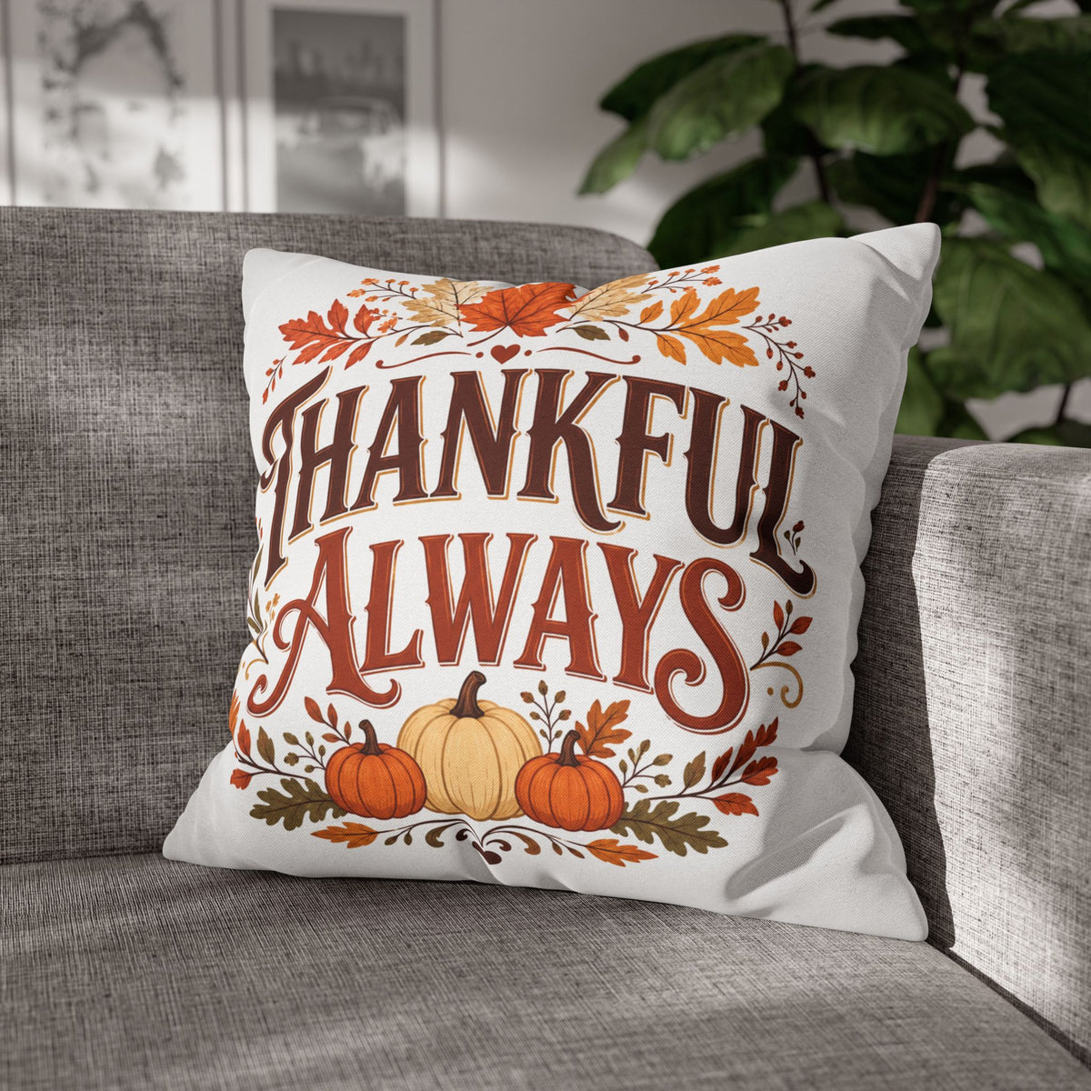 Thanksgiving Thankful Always Throw Pillowcase — Autumn Pumpkin & Leaf Thanksgiving Decor