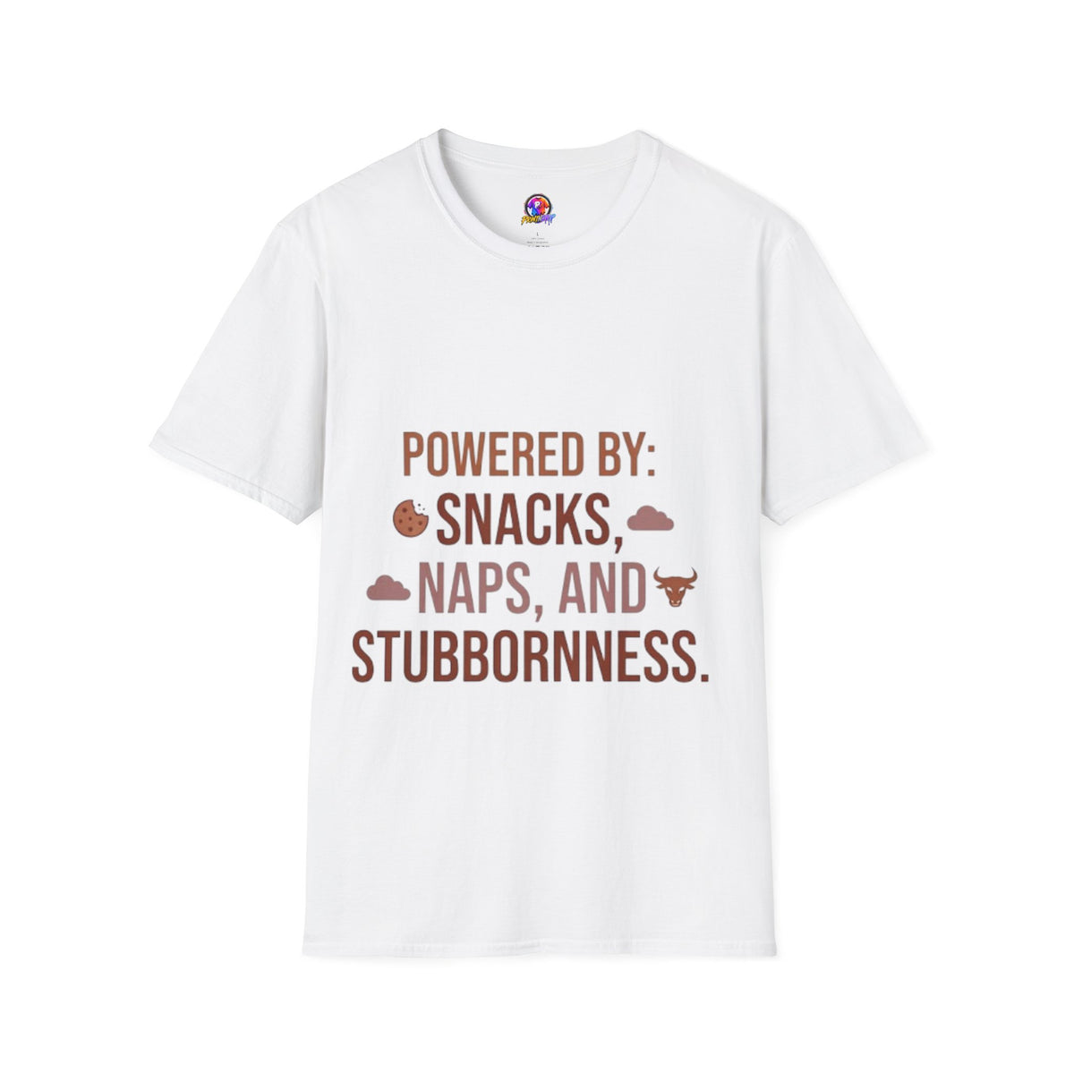 Taurus  Powered By: Snacks, Naps & Stubbornness T-Shirt — Funny Cozy Casual Tee