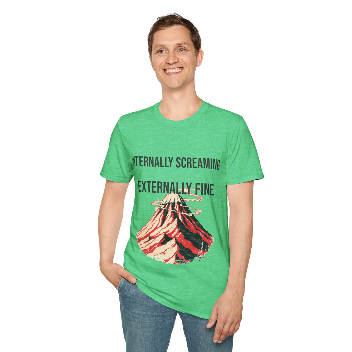 "Internally Screaming Externally Fine" Melting Volcano Tee - Funny Relatable Aesthetic White T-Shirt - Trending Now - September 2026