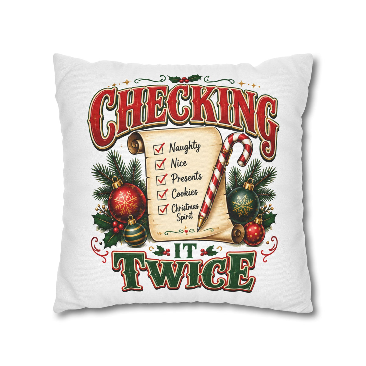 Checking It Twice Christmas Pillowcase — Festive Holiday Checklist Throw Pillow Cover