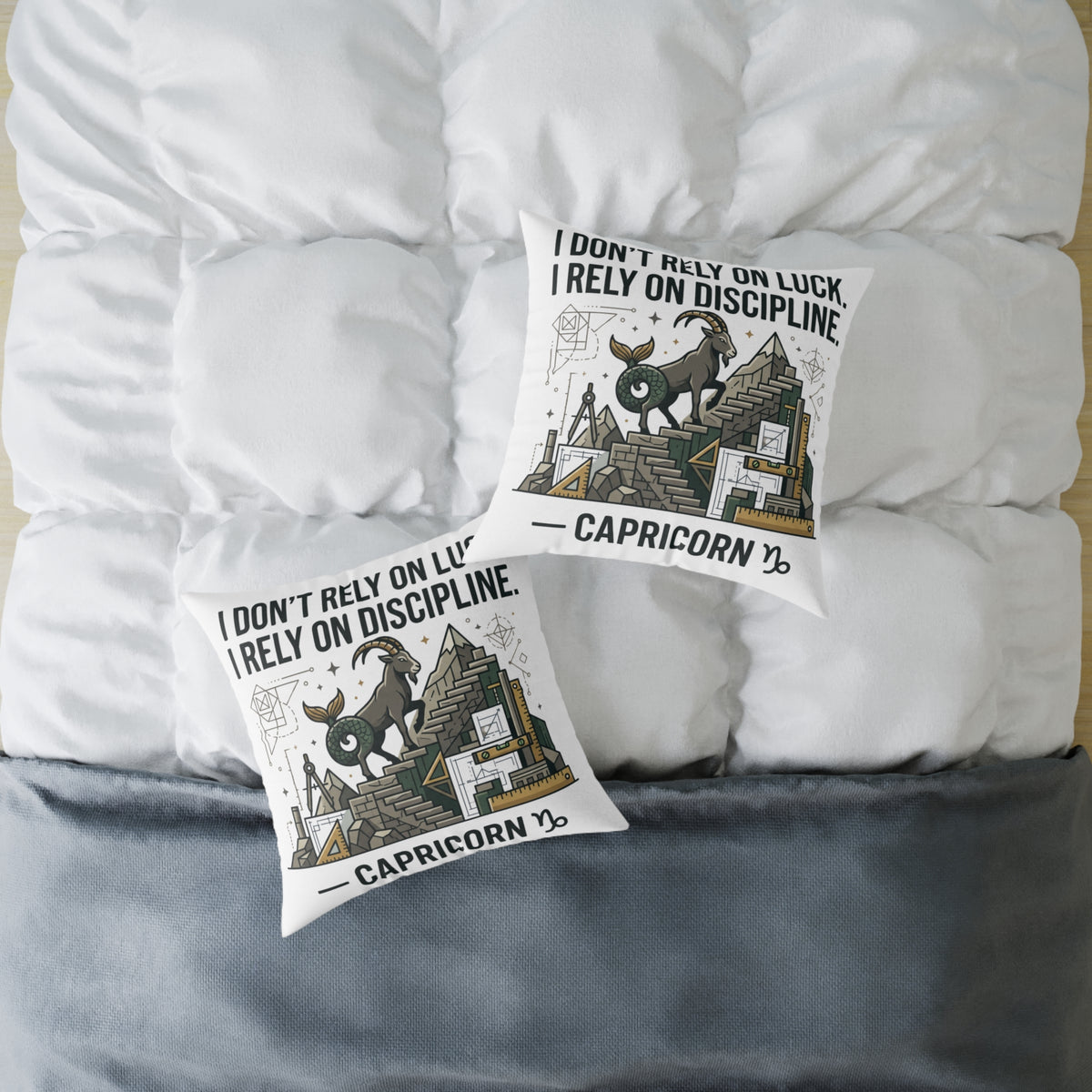 Capricorn Zodiac Pillow — "I Don't Rely on Luck, I Rely on Discipline" Square Decorative Cushion