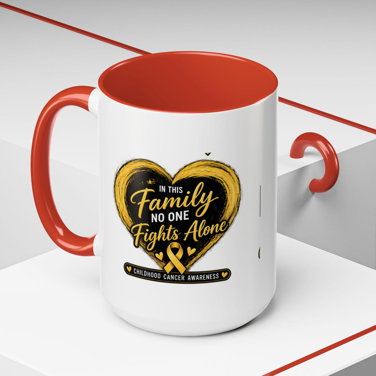 Childhood Cancer Awareness Accent Coffee Mug — "In This Family No One Fights Alone"