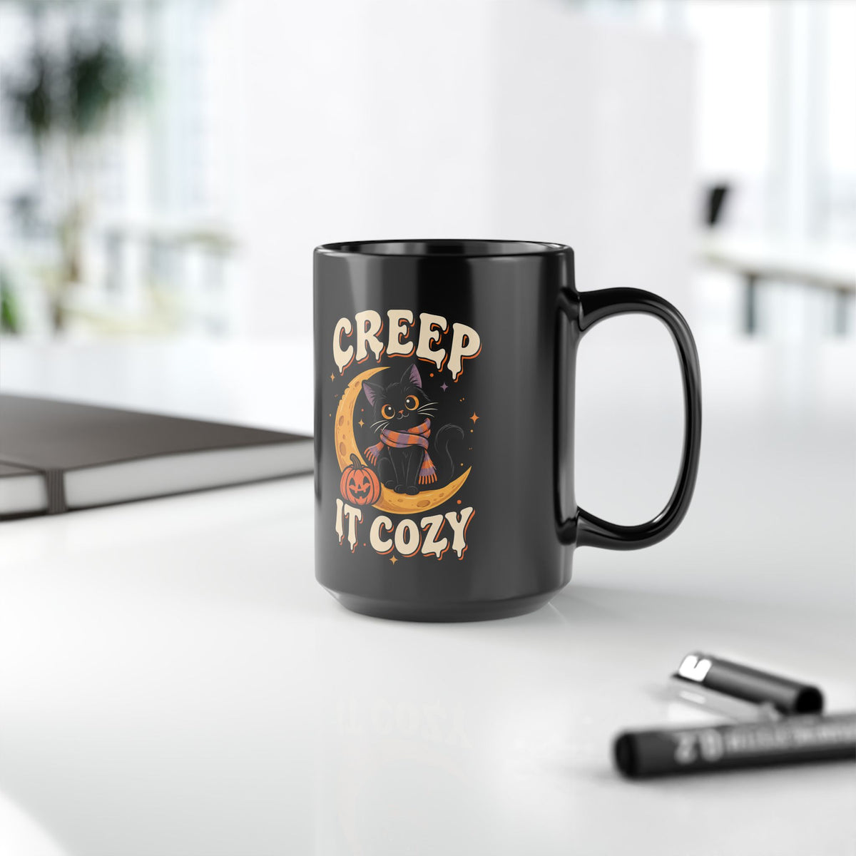 Creep It Cozy Black Mug — Halloween Cat Moon Coffee Cup (11oz & 15oz)