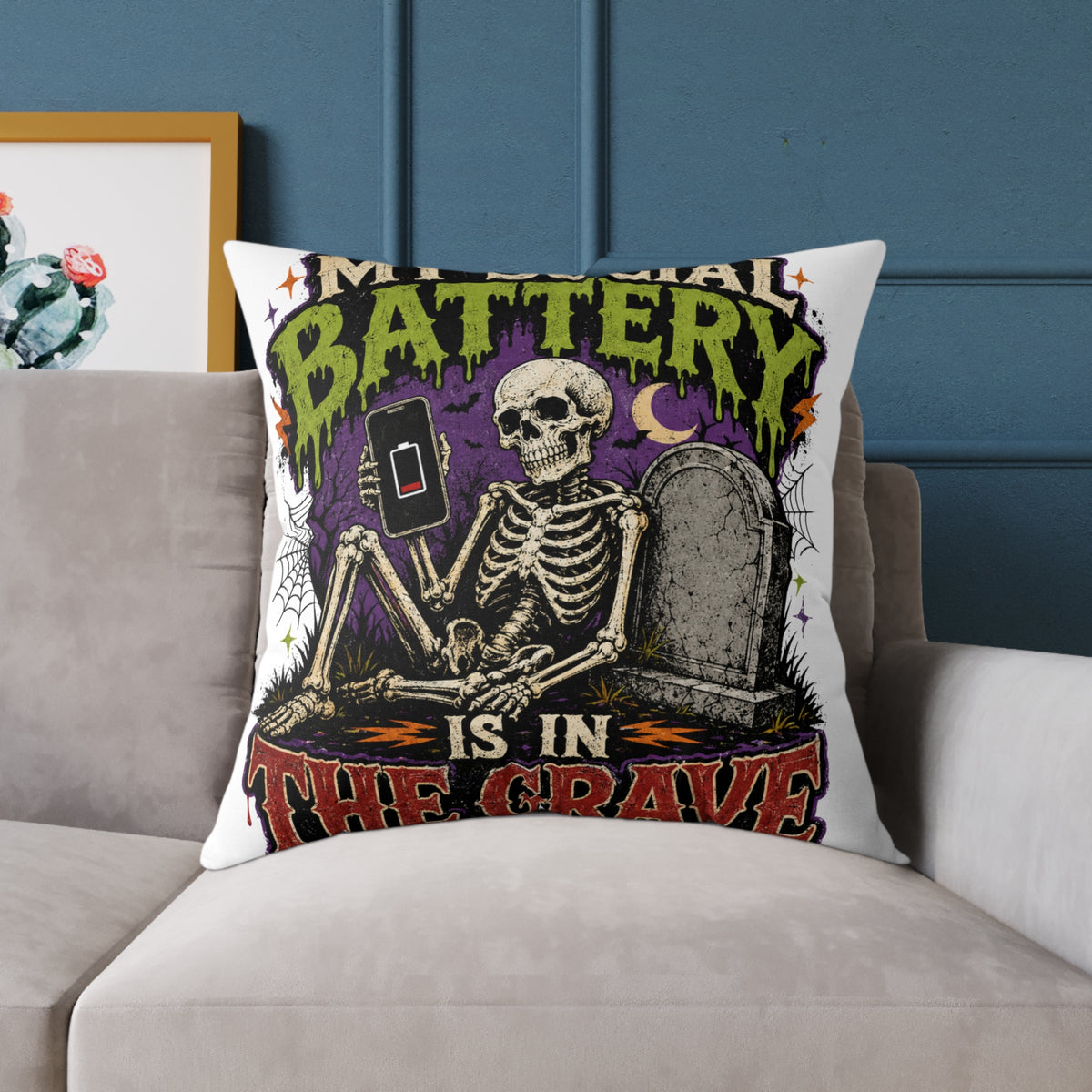 Halloween Skull Pillow — “My Social Battery Is In The Grave” Gothic Decorative Throw Pillow