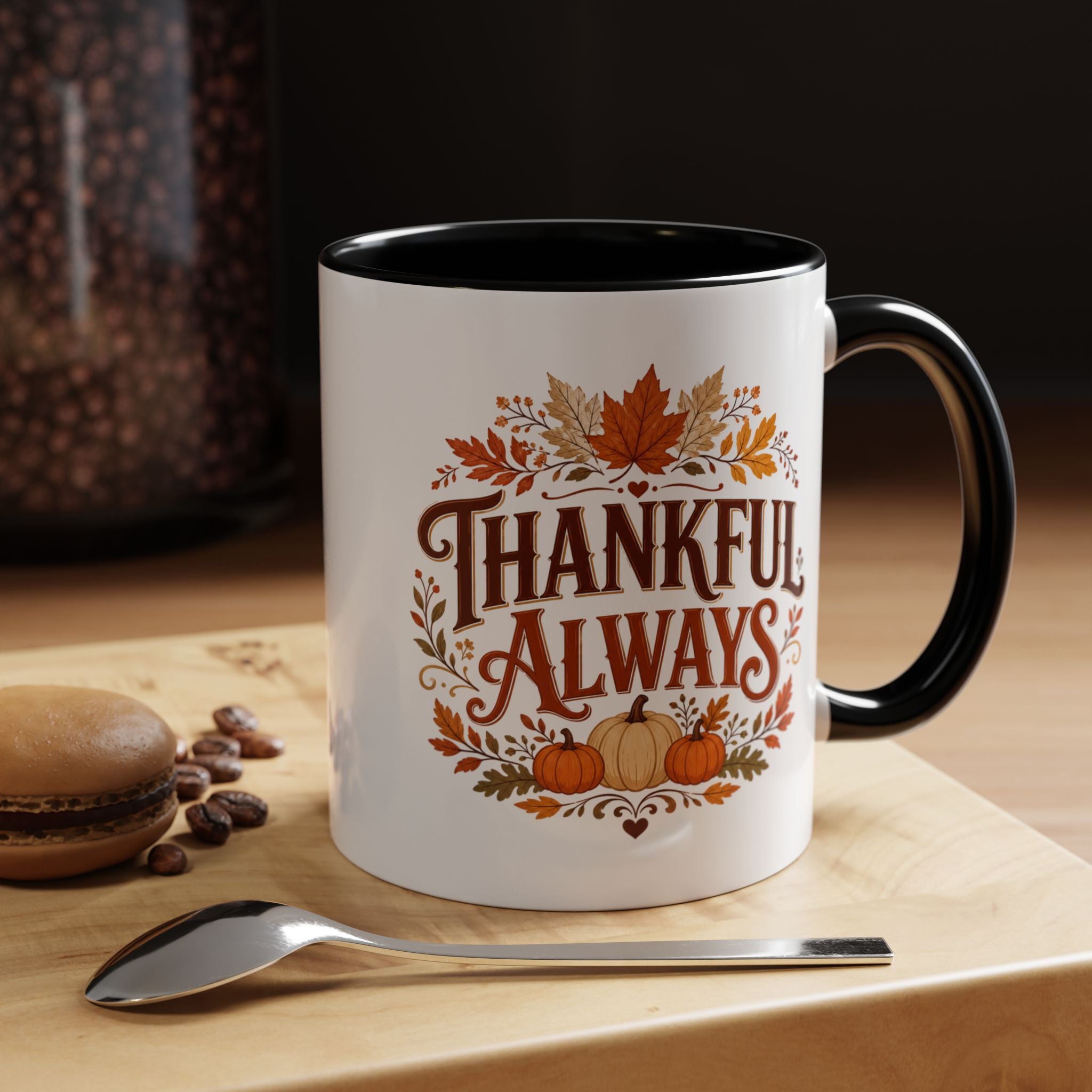 Thanksgiving Mug Thankful Always Accent Coffee Mug — Fall Pumpkin & Leaves Thanksgiving Gift