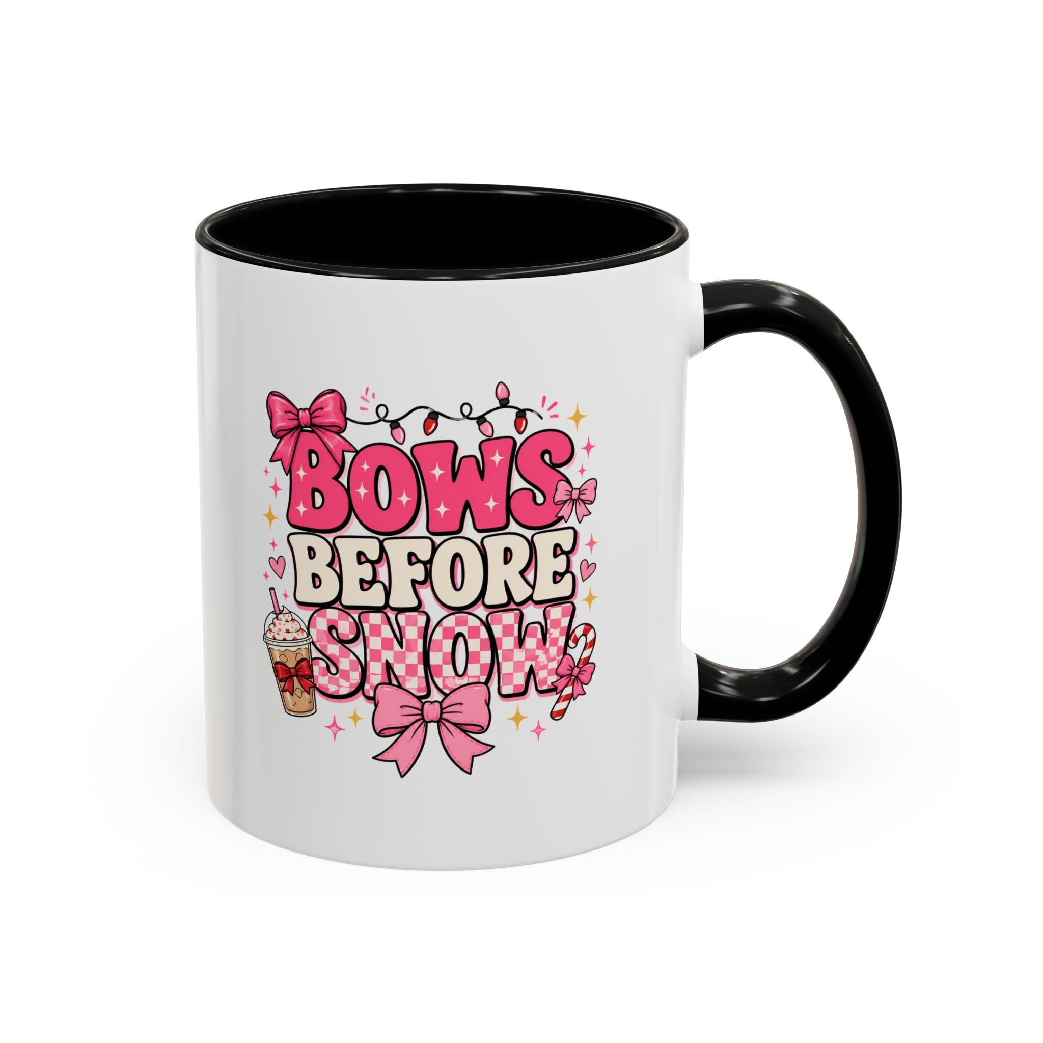 Modern Day Christmas Bows Before Snow Accent Coffee Mug — Cute Pink Holiday Hot Cocoa Design (11/15oz)