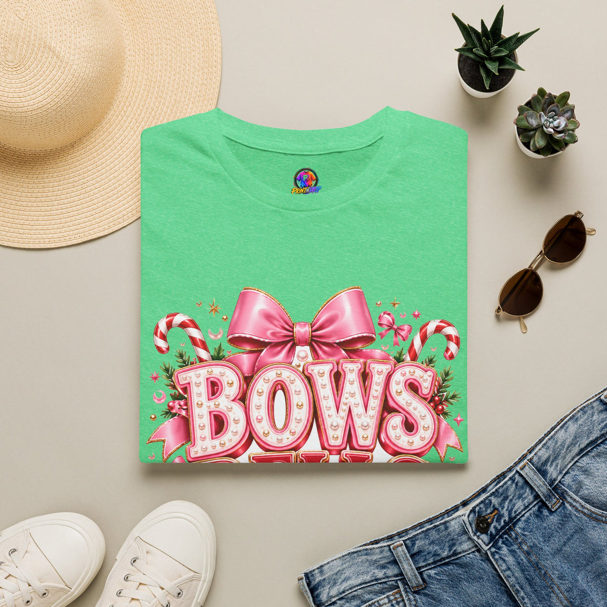 Bows Bells Bliss Christmas T‑Shirt — Pink Holiday Bow Graphic