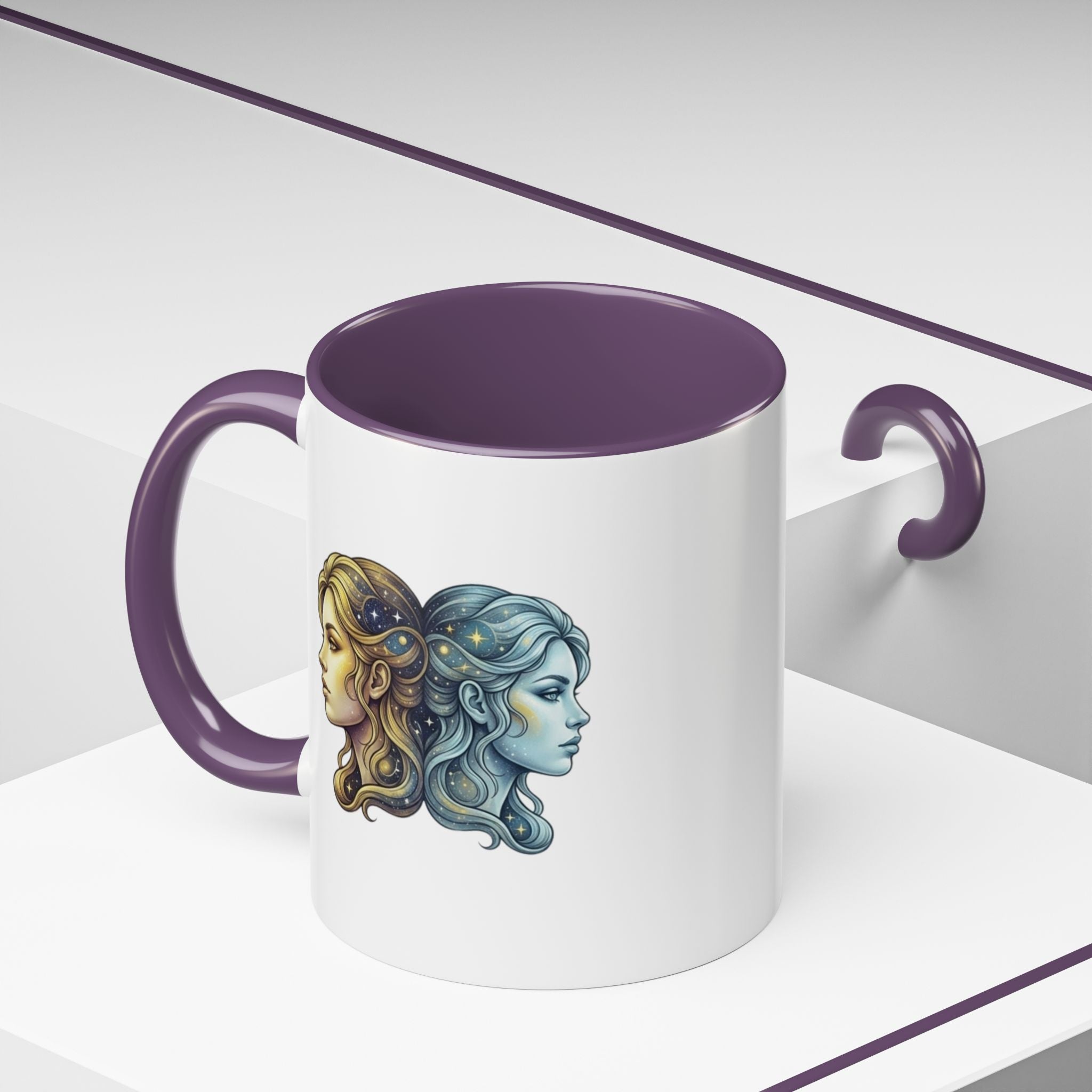 Gemini Zodiac Accent Coffee Mug — Dual Faces Astrology Design