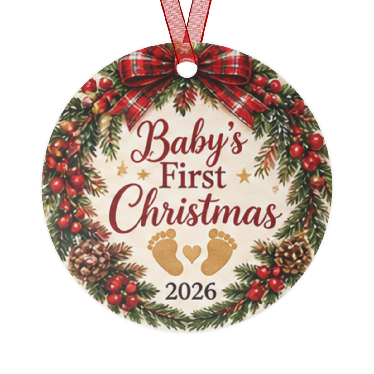 Baby's First Christmas 2026 Metal Ornament — Personalized Newborn Holiday Keepsake