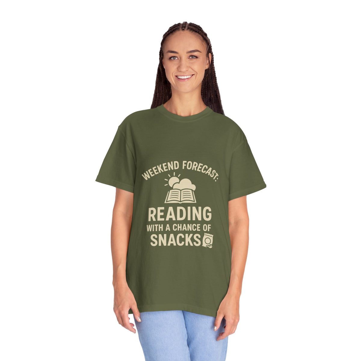 Reading & Snacks T-Shirt — "Weekend Forecast: Reading with a Chance of Snacks" - Trending Now - October 2026