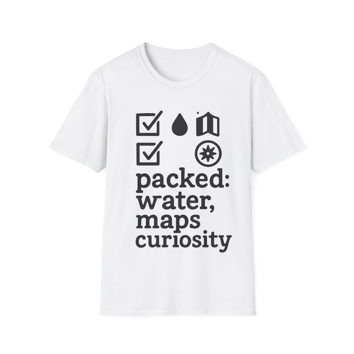 "Packed: Water, Maps, Curiosity" Outdoor Checklist Graphic Tee - Minimalist Hiking Camper White T-Shirt - Trending Now - September 2026