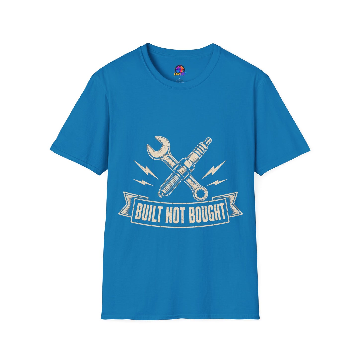 Built Not Bought T-Shirt — Vintage Mechanic Spark Plug & Wrench Tee for DIY Car Enthusiasts