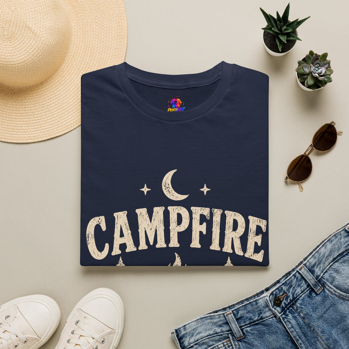 Campfire After Dark T-Shirt — Cozy Camping Moon & Trees Graphic