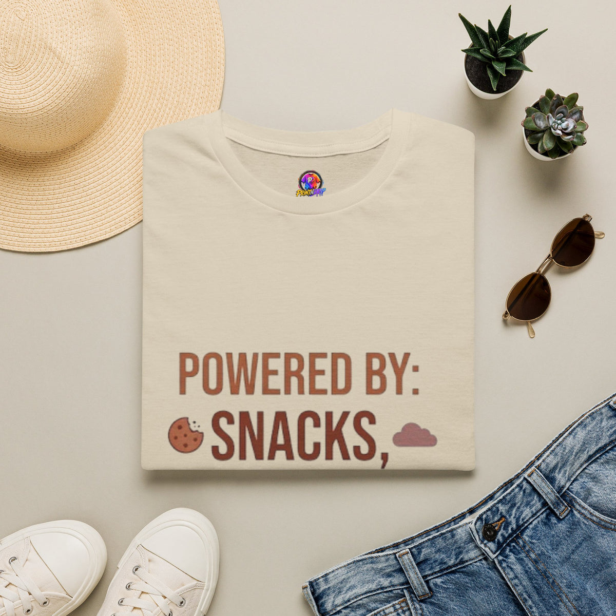 Powered By: Snacks, Naps & Stubbornness T-Shirt — Funny Casual Graphic Tee