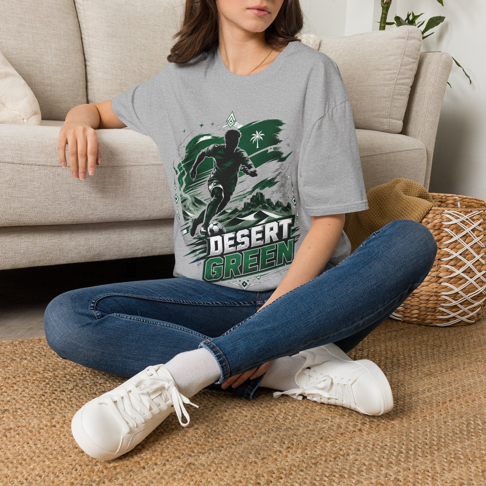 Saudi Arabia Desert Green Soccer T-Shirt — Silhouette Player Graphic