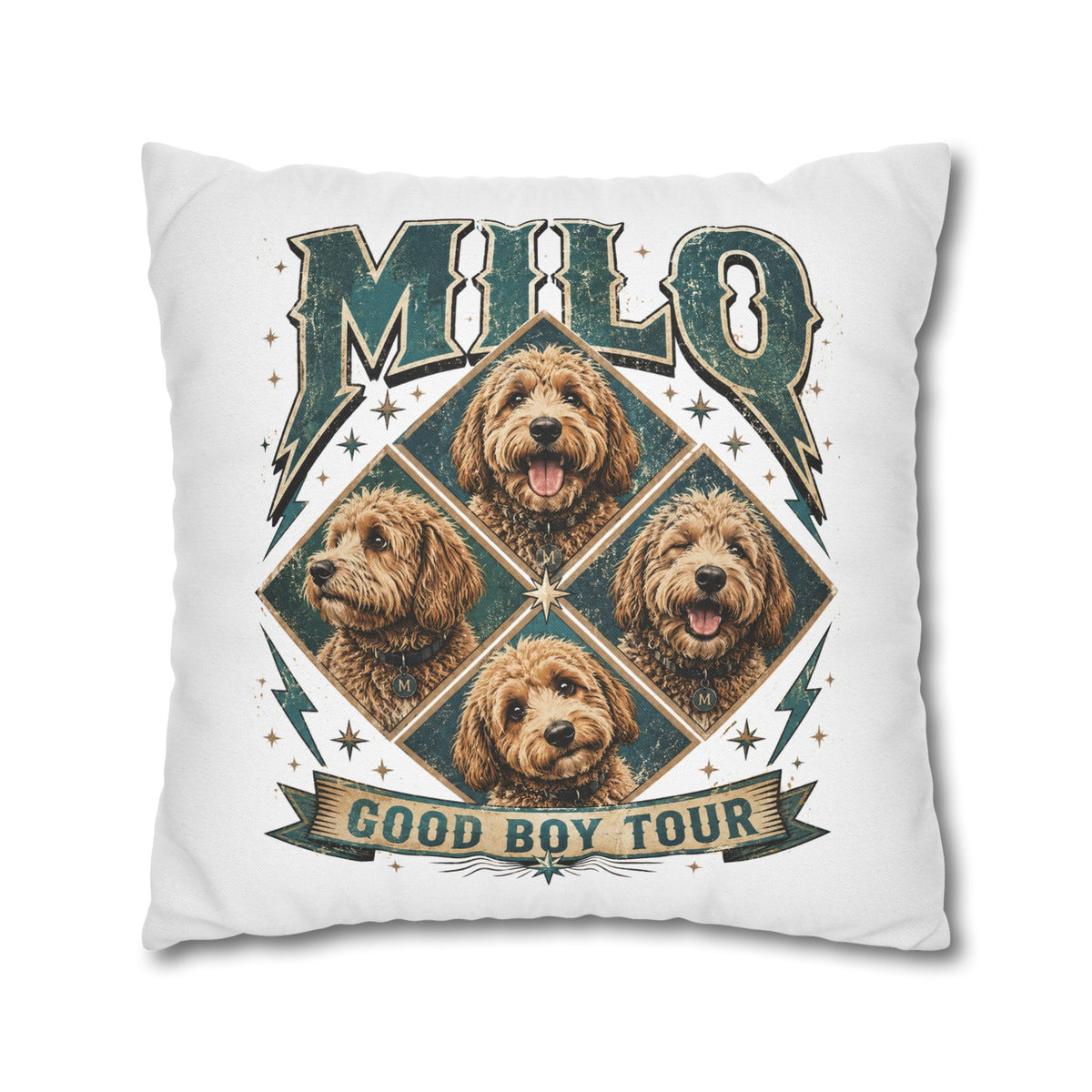Milo “Good Boy Tour” Dog Photo Square Pillowcase Milo Bailey Dog Dad Mom