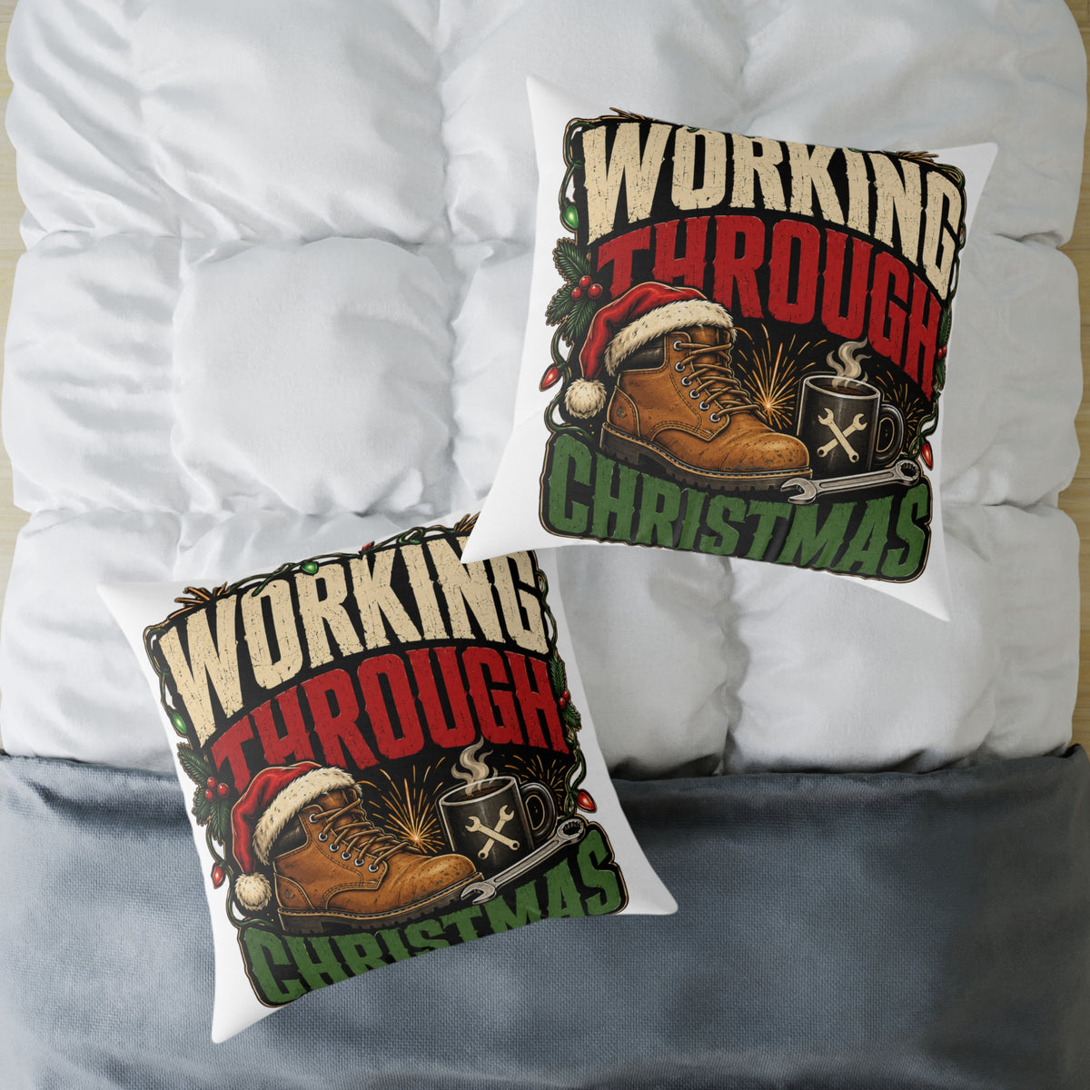 Working Through Christmas Modern Day Christmas Decorative Pillow — Holiday Boot & Coffee Throw Pillow