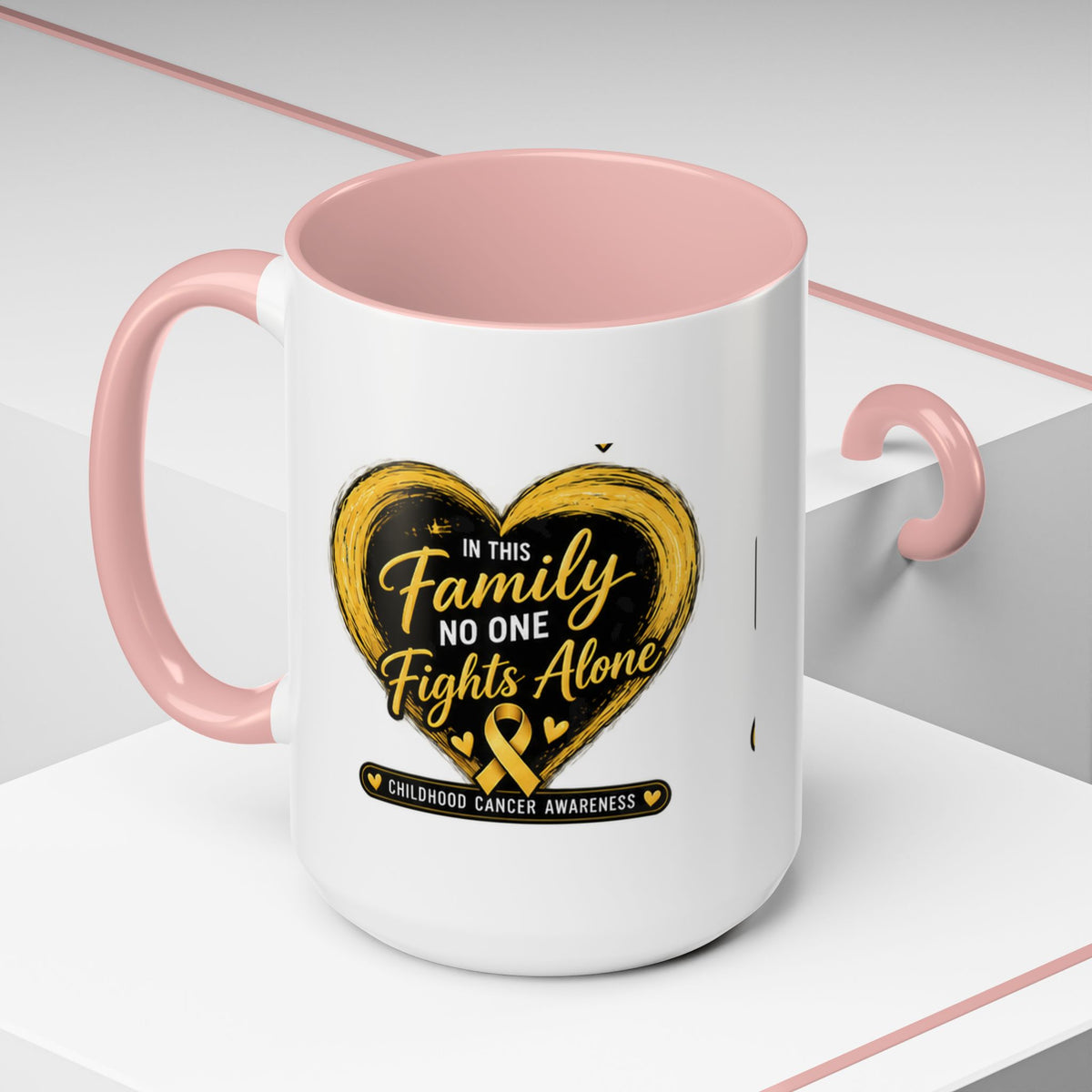 Childhood Cancer Awareness Accent Coffee Mug — "In This Family No One Fights Alone"