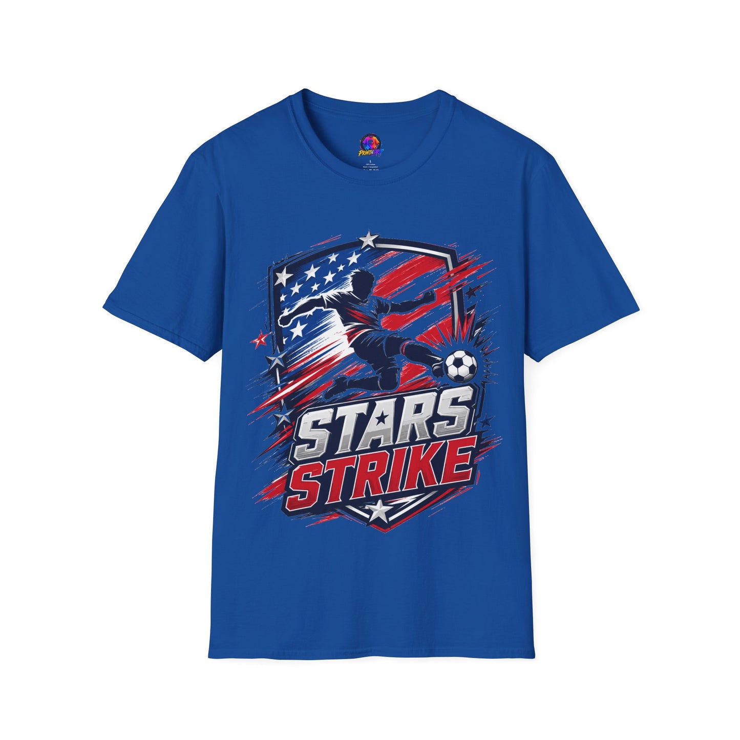 USA Soccer Stars Strike T‑Shirt — American Flag Soccer Player Graphic