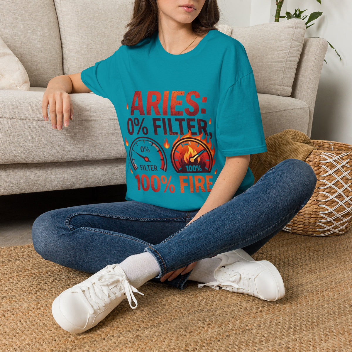 Aries T-Shirt — "Aries: 0% Filter, 100% Fire" Bold Zodiac Tee