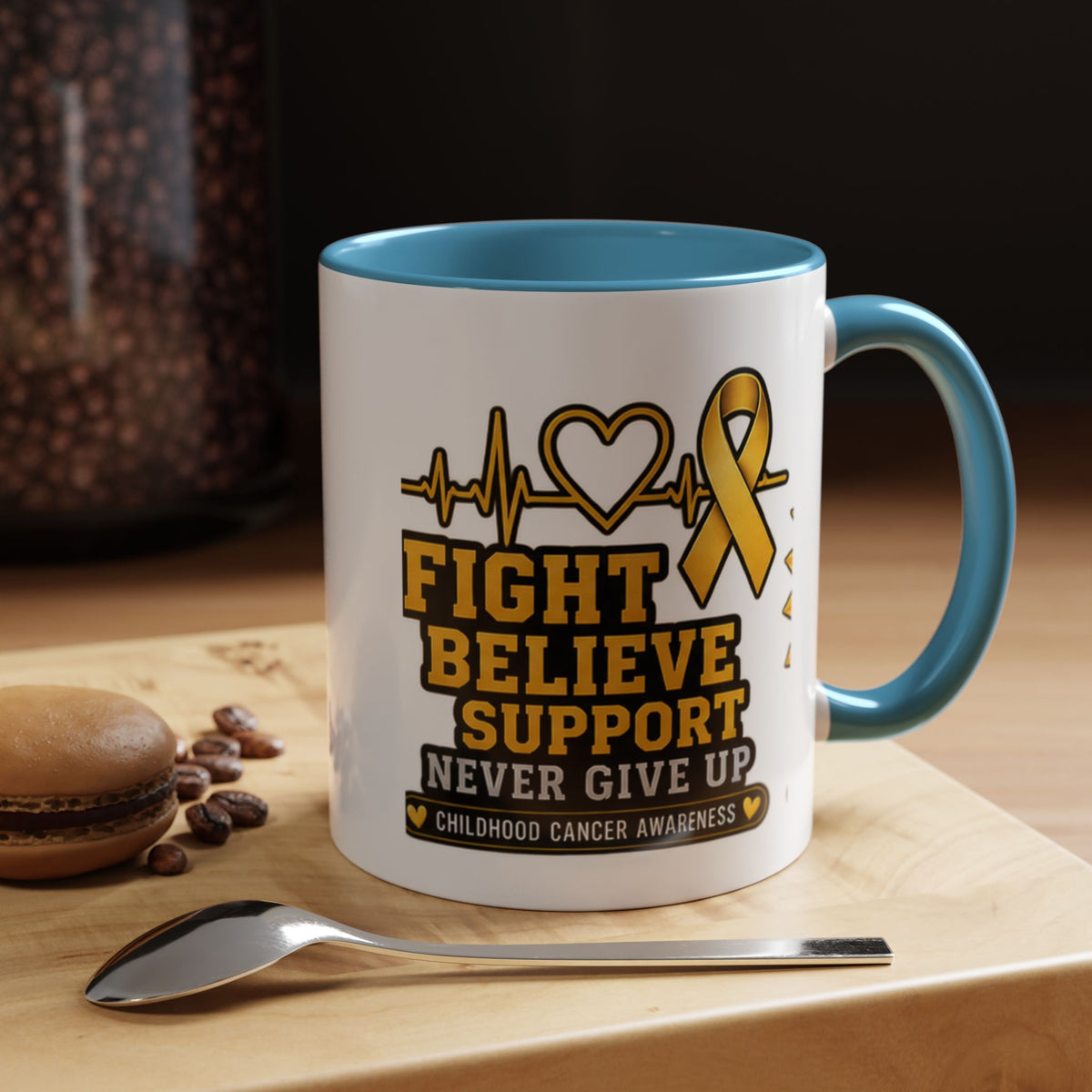 Childhood Cancer Awareness Accent Coffee Mug — "Fight Believe Support" 11/15oz
